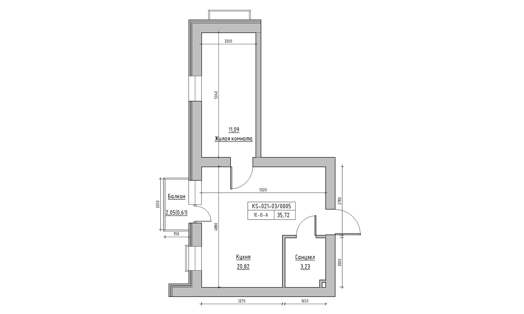 Планування 1-к квартира площею 35.72м2, KS-021-03/0005.