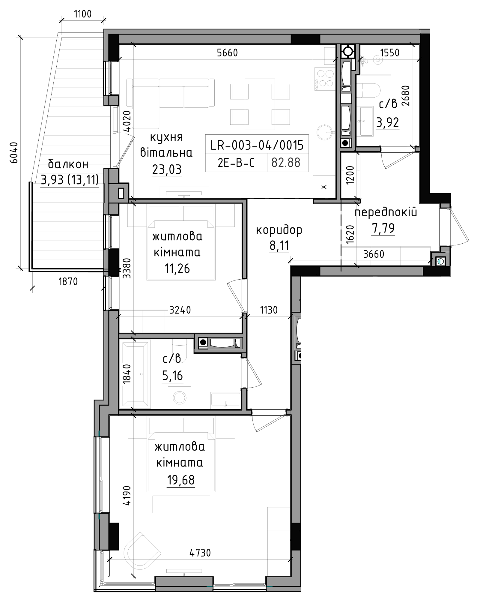 Planning 2-rm flats area 76.28m2, LR-003-04/0001.