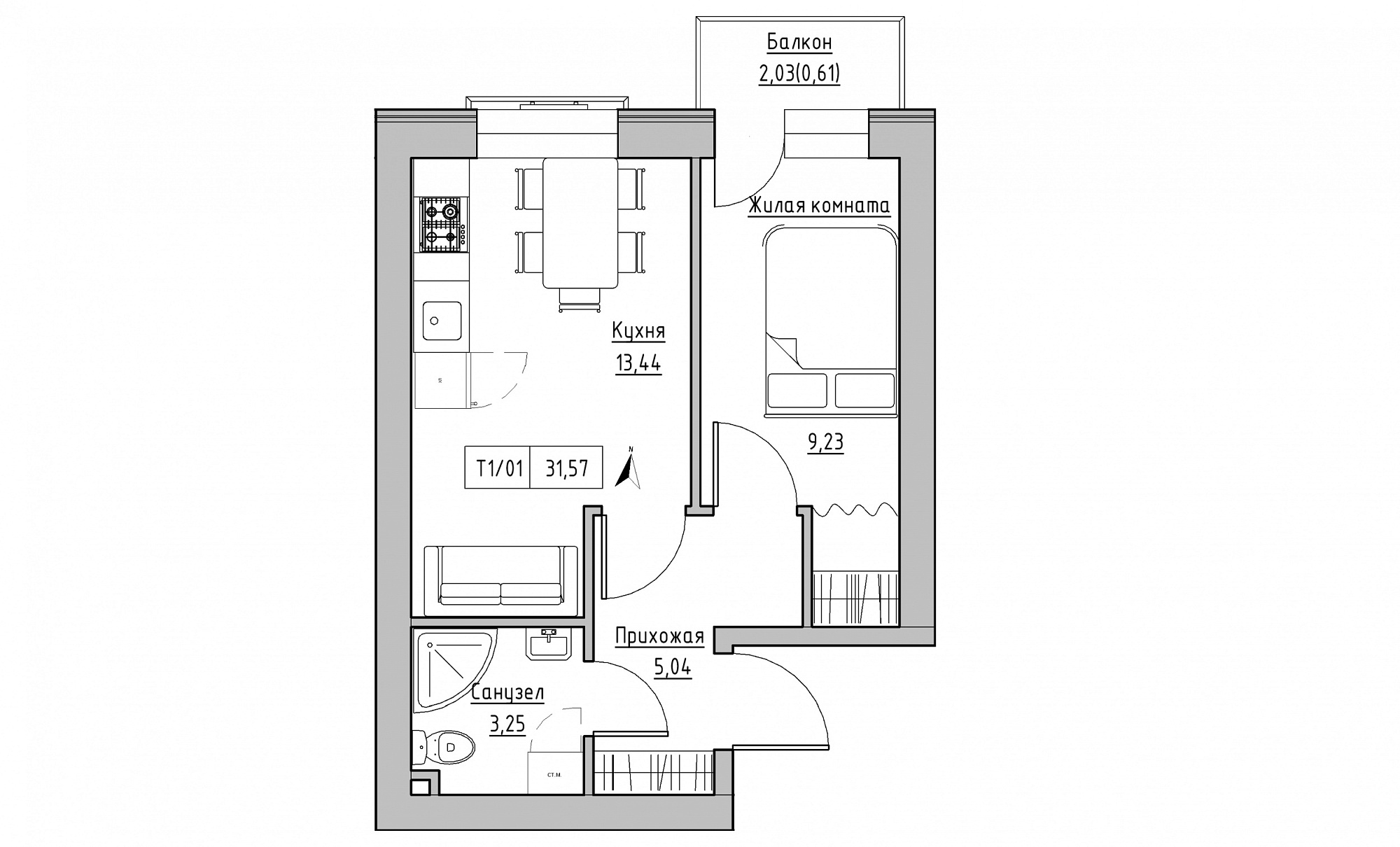 Планировка 1-к квартира площей 31.57м2, KS-015-03/0013.