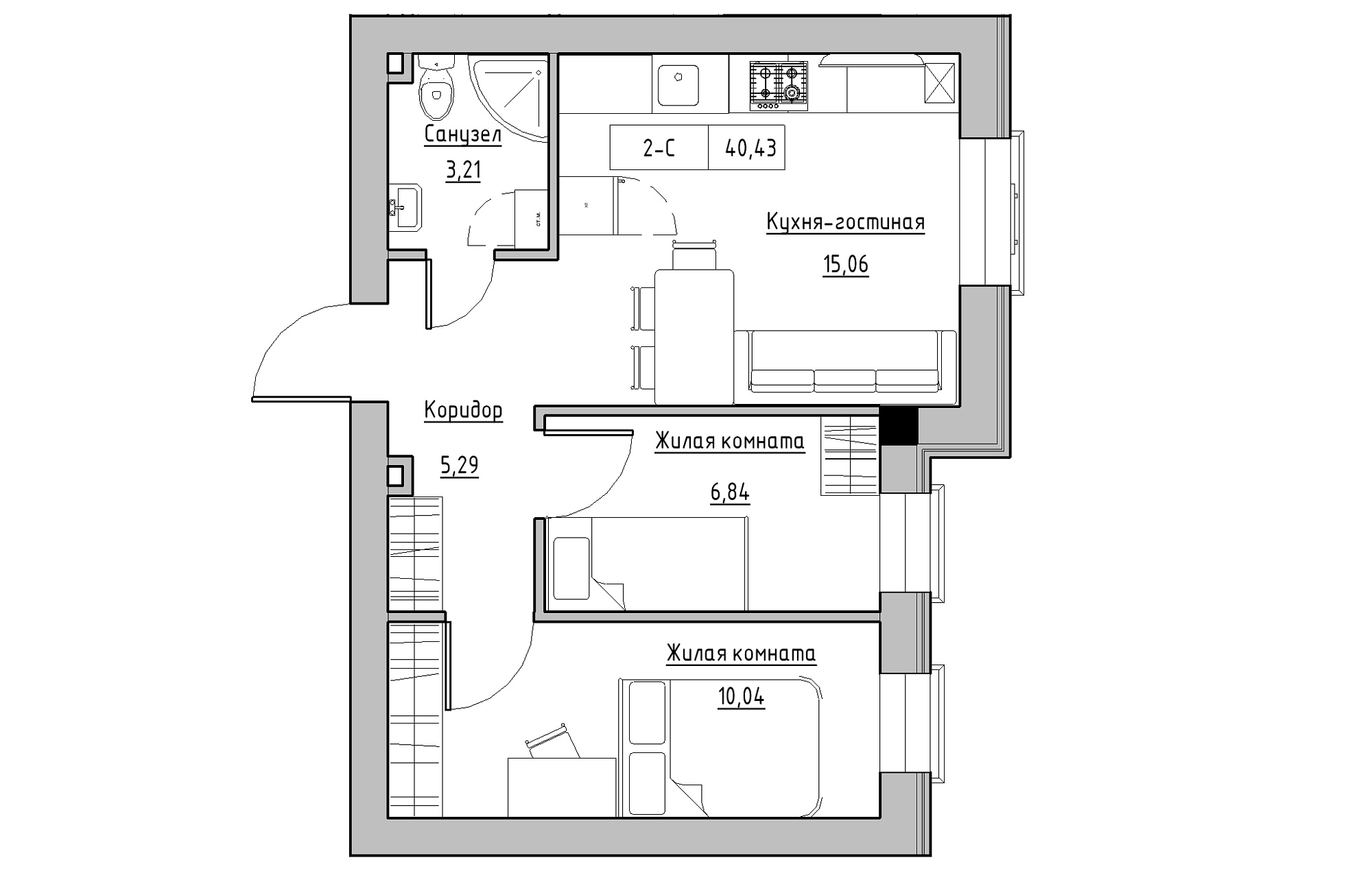 Планування 2-к квартира площею 40.43м2, KS-018-01/0010.
