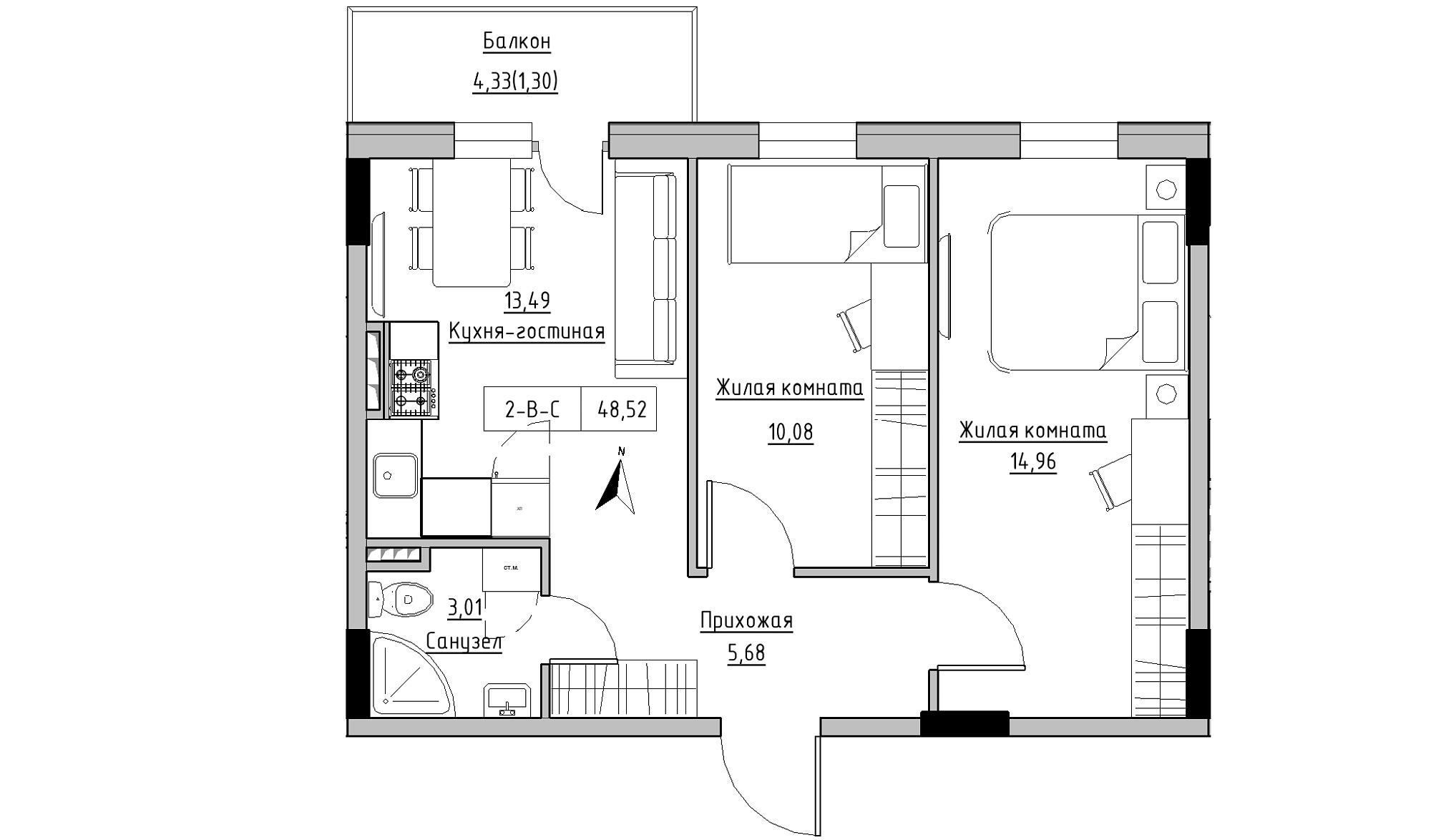 Planning 2-rm flats area 48.52m2, KS-025-03/0009.