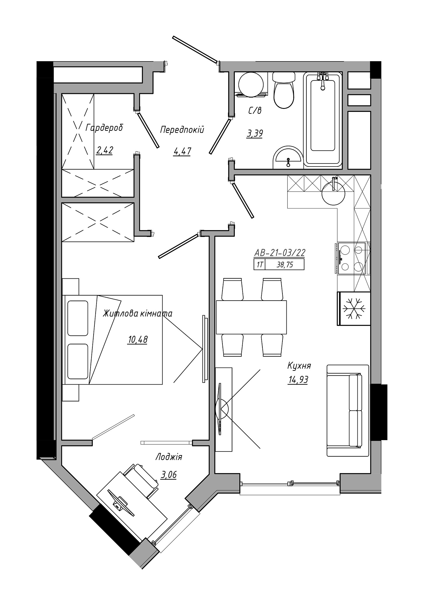 Планування 1-к квартира площею 38.75м2, AB-21-03/00022.