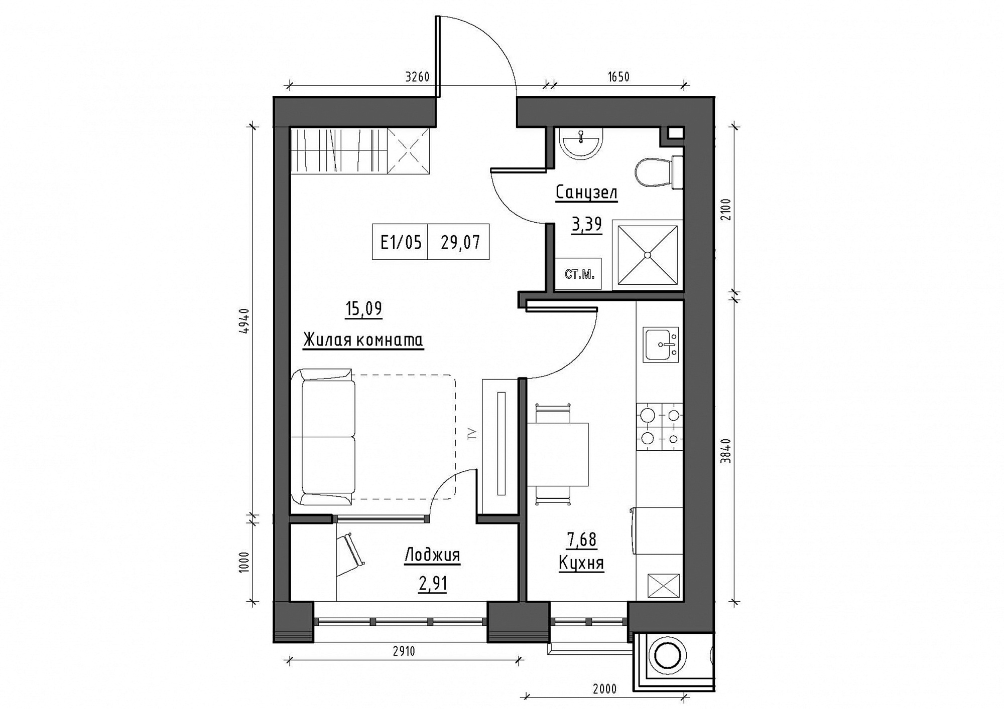 Планування 1-к квартира площею 29.07м2, KS-011-04/0009.