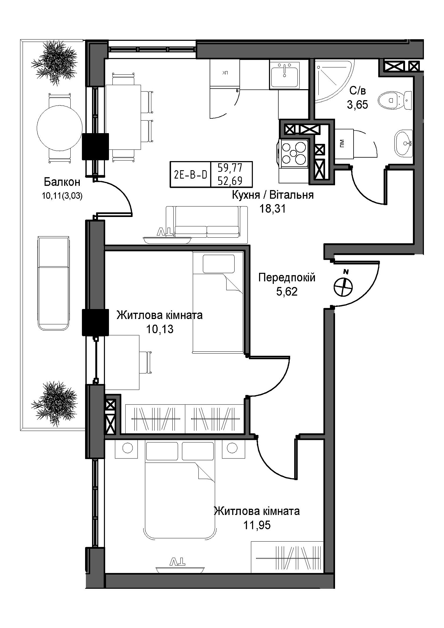 Планування 2-к квартира площею 52.69м2, UM-007-11/0001.