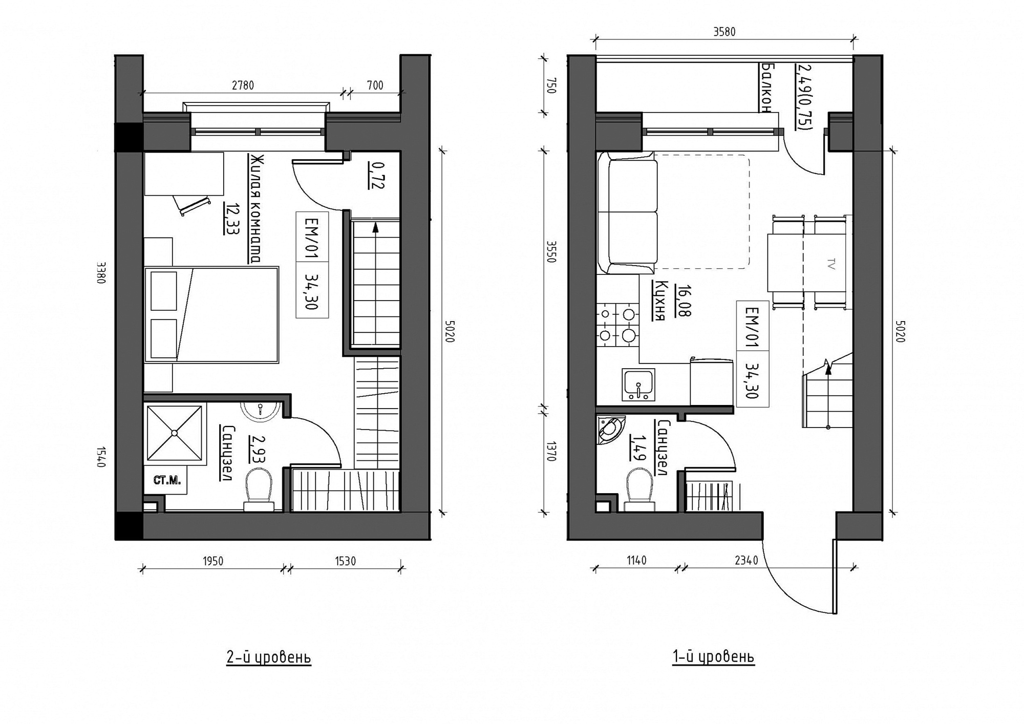 Planning 2-lvl flats area 34.3m2, KS-012-05/0012.