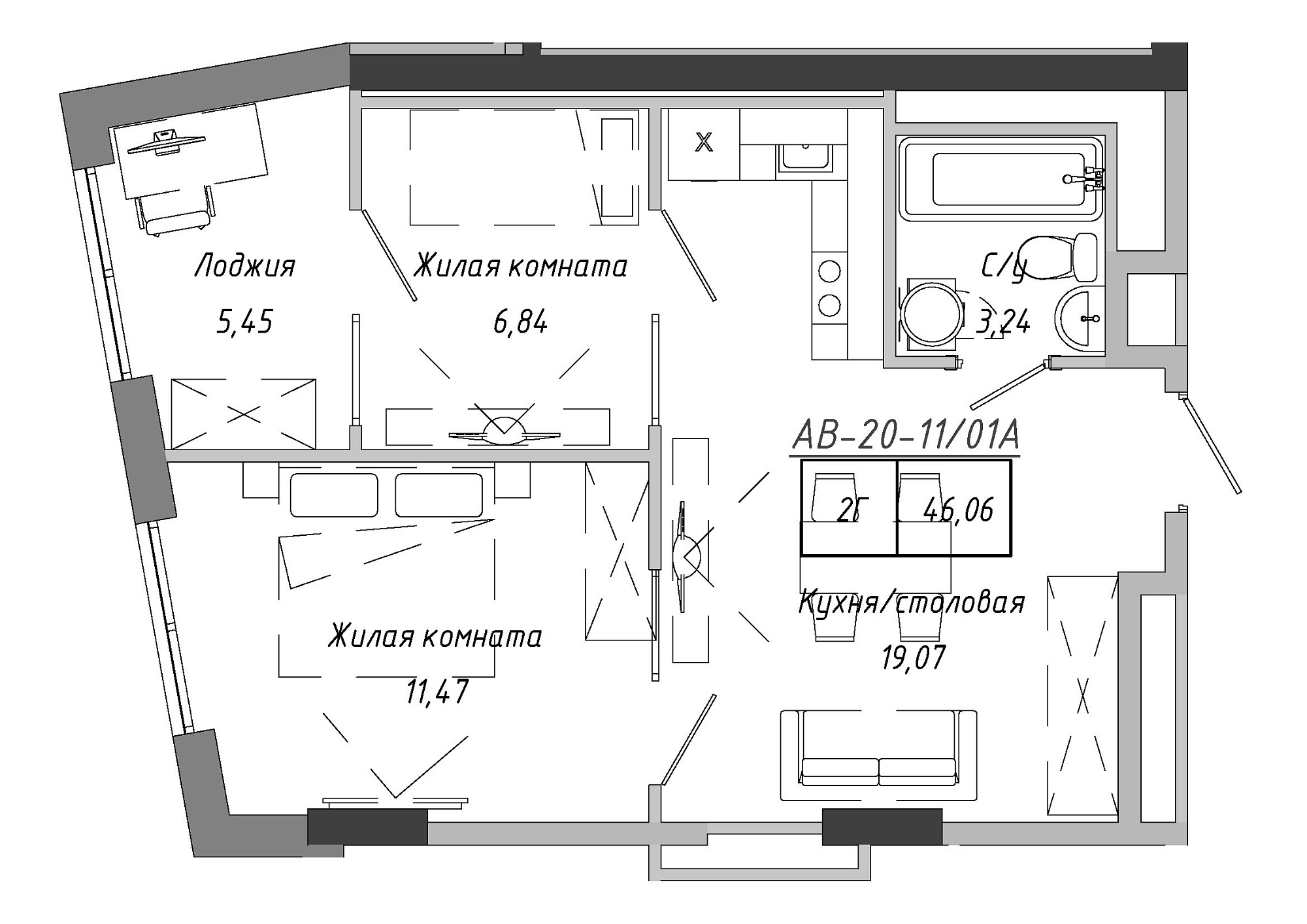 Планировка 2-к квартира площей 45.99м2, AB-20-11/0001а.