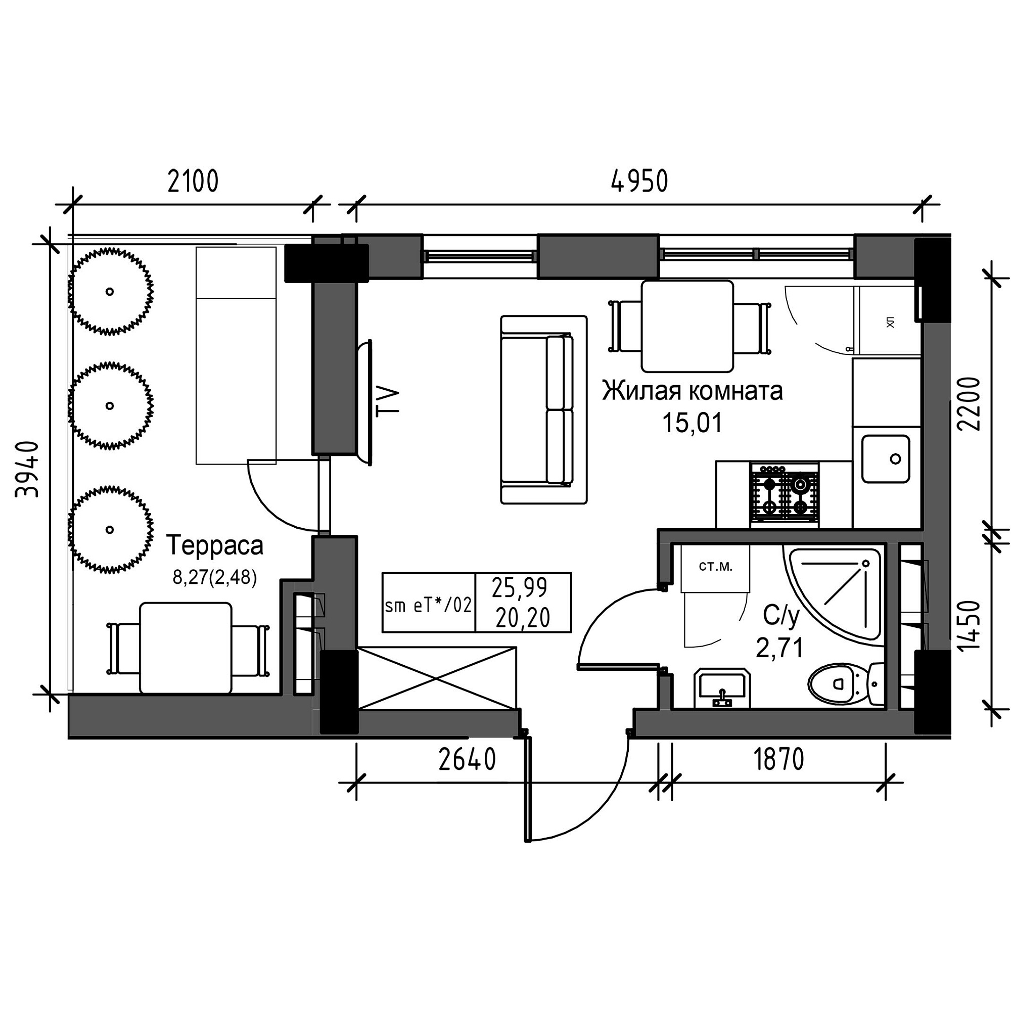 Планування Smart-квартира площею 20.2м2, UM-003-06/0063.