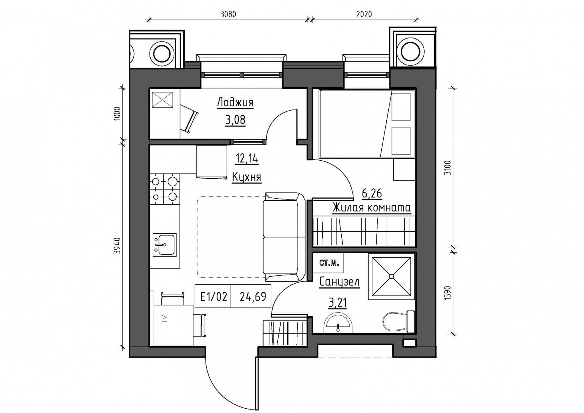 Planning 1-rm flats area 25.11m2, KS-012-04/0002.
