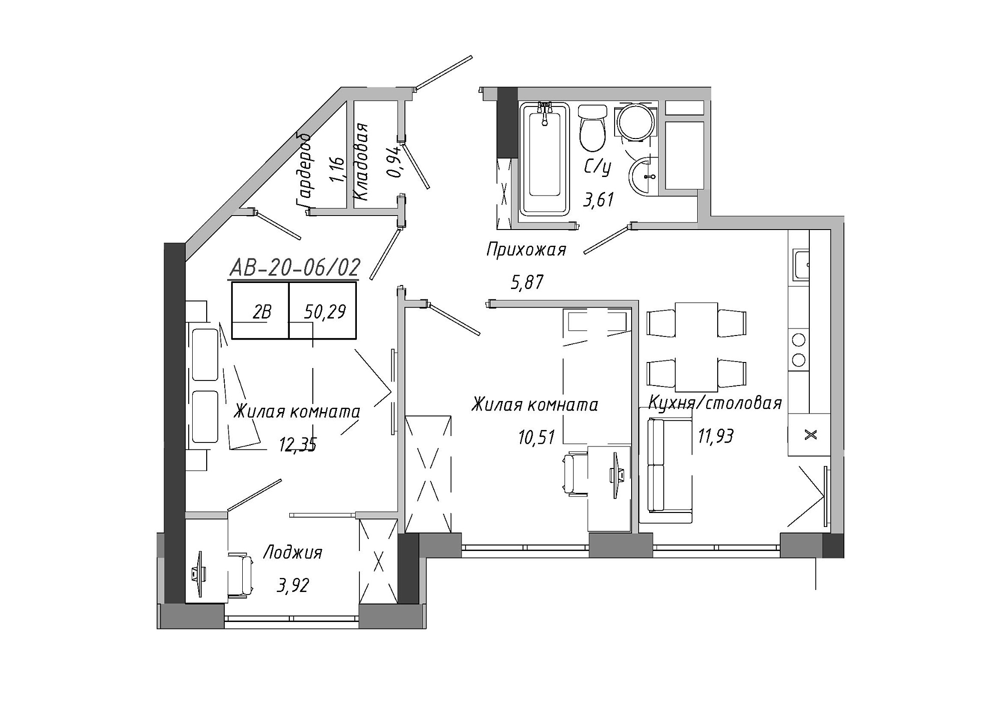 Планировка 2-к квартира площей 50.33м2, AB-20-06/00002.