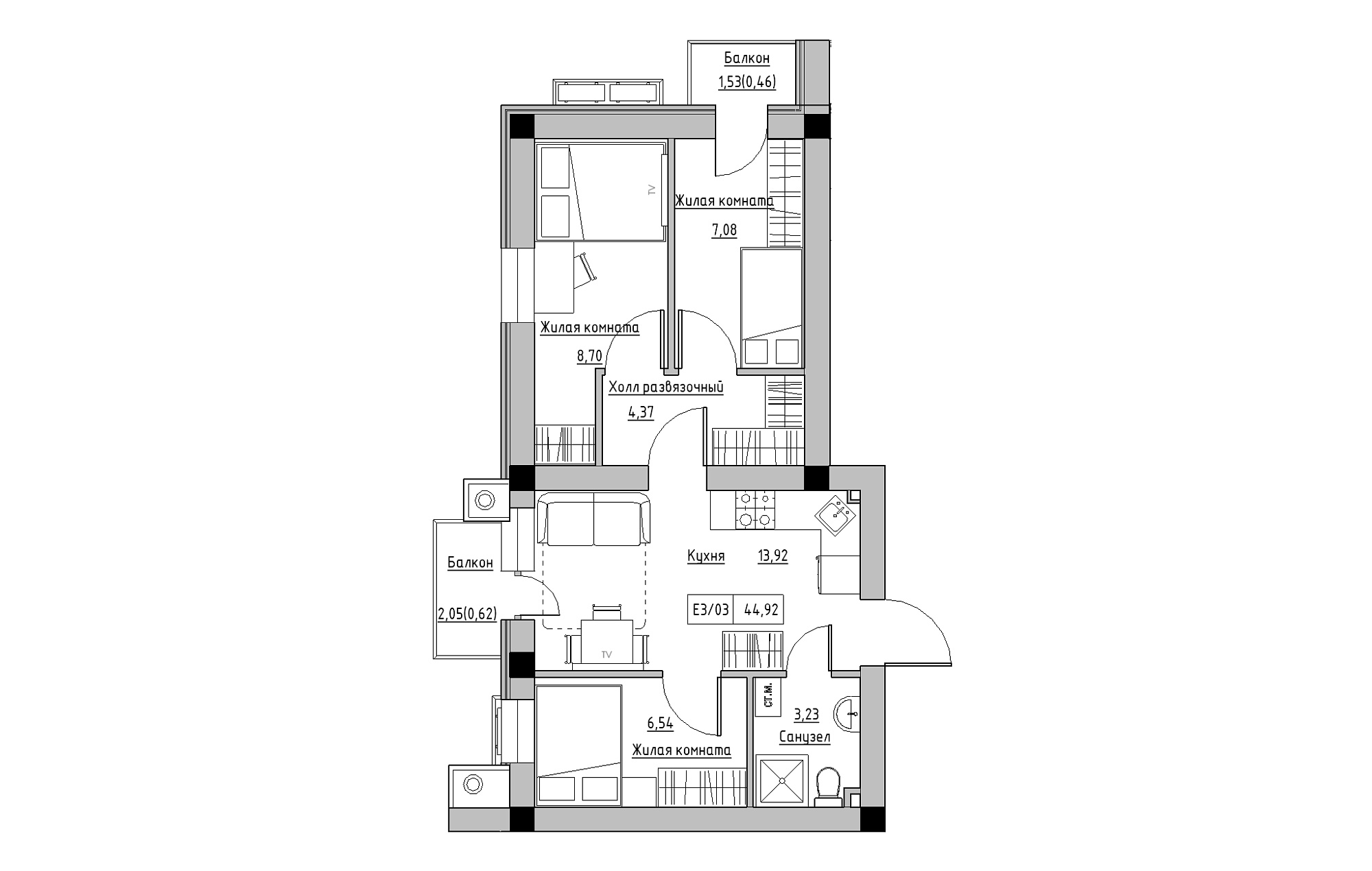 Планировка 3-к квартира площей 44.92м2, KS-013-05/0006.