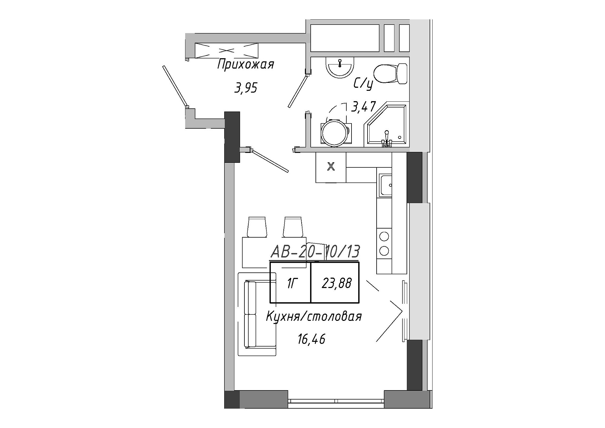 Планування Smart-квартира площею 23.4м2, AB-20-10/00013.