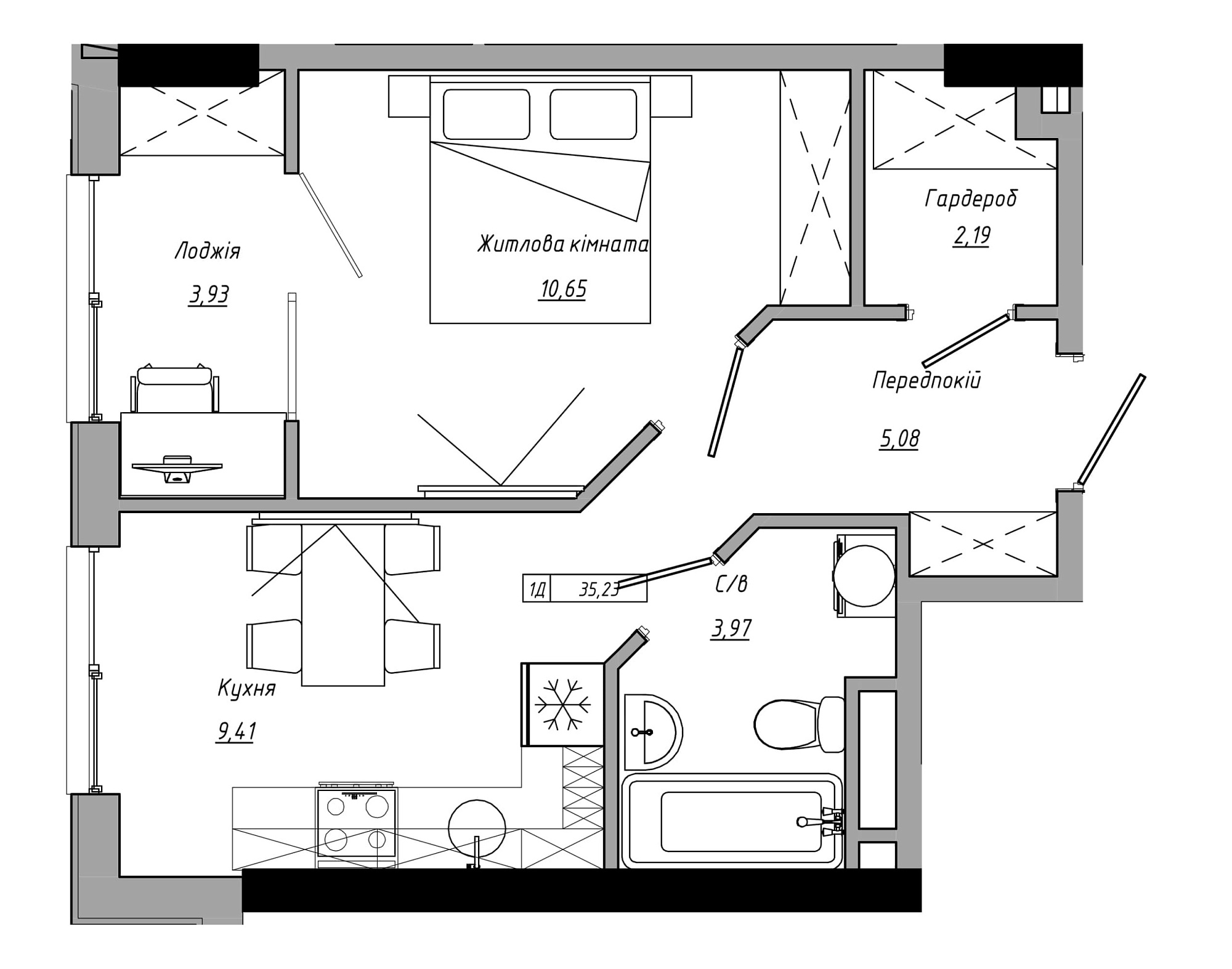 Планування 1-к квартира площею 35.23м2, AB-21-06/00006.
