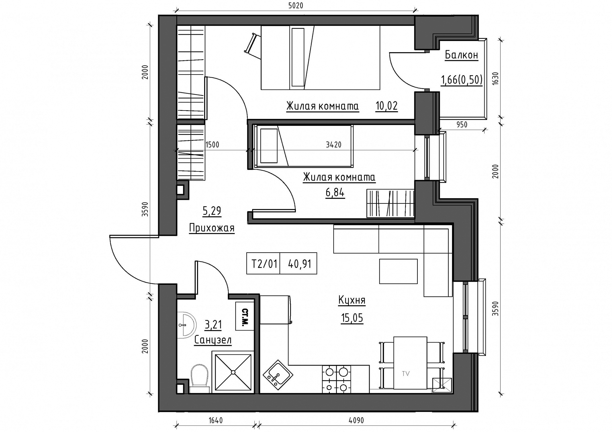 Планування 2-к квартира площею 40.91м2, KS-011-04/0006.