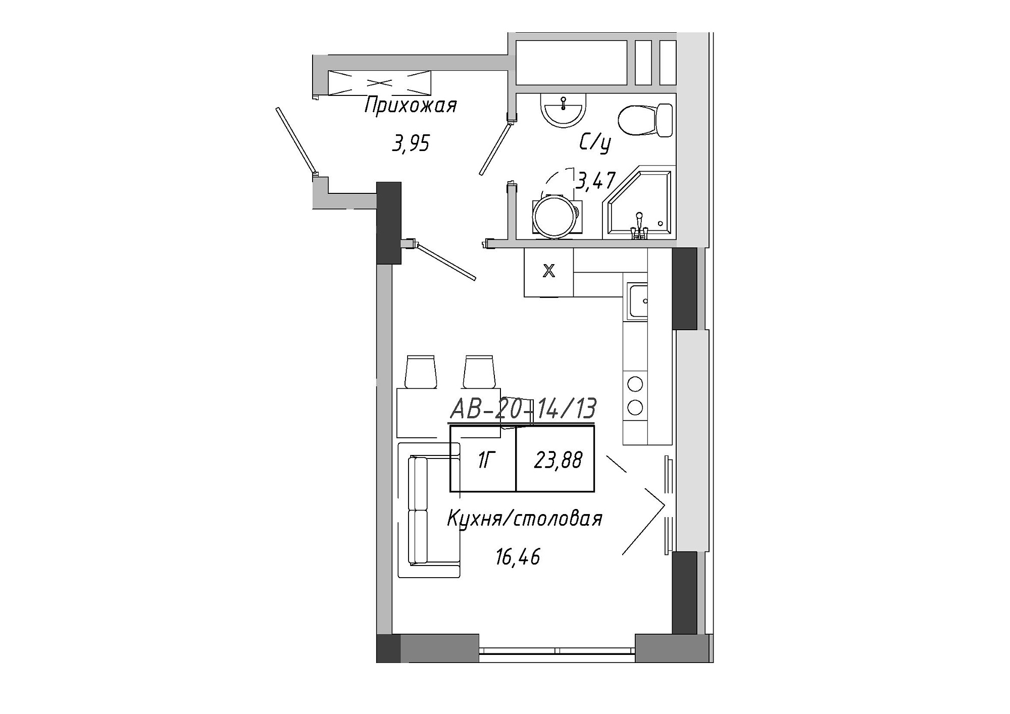 Планировка Smart-квартира площей 23.88м2, AB-20-14/00113.