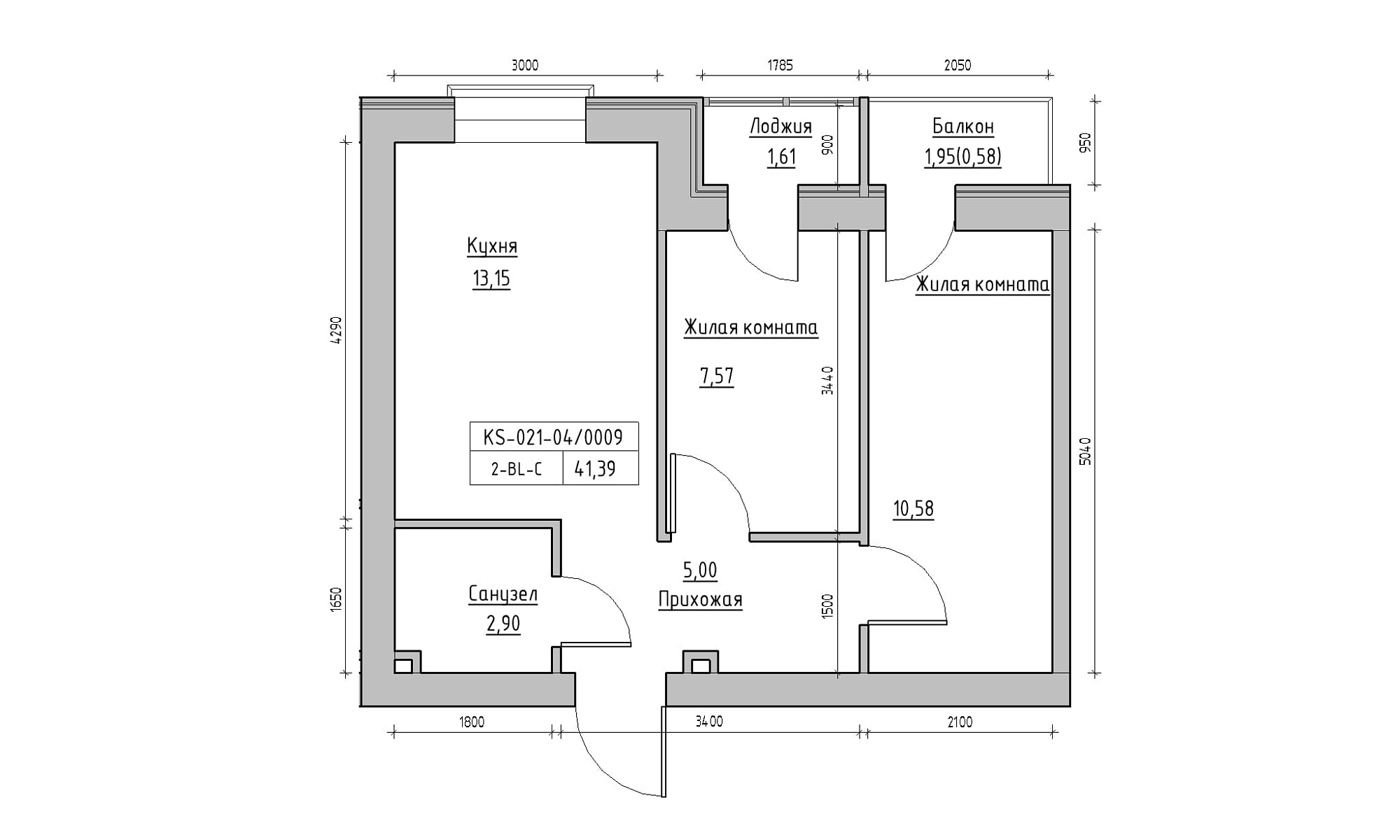 Планировка 2-к квартира площей 41.39м2, KS-021-04/0009.