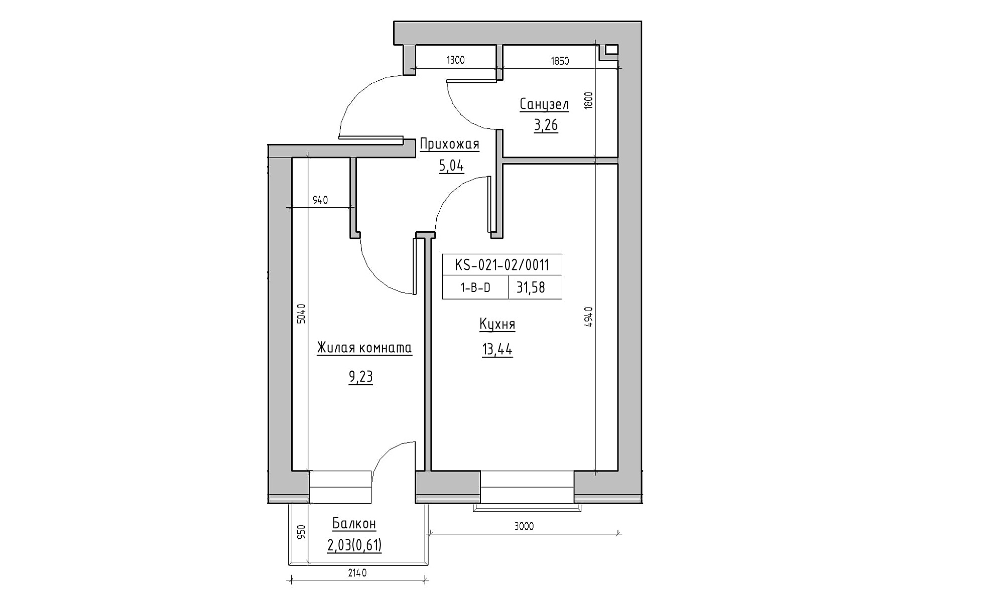 Планування 1-к квартира площею 31.58м2, KS-021-02/0011.