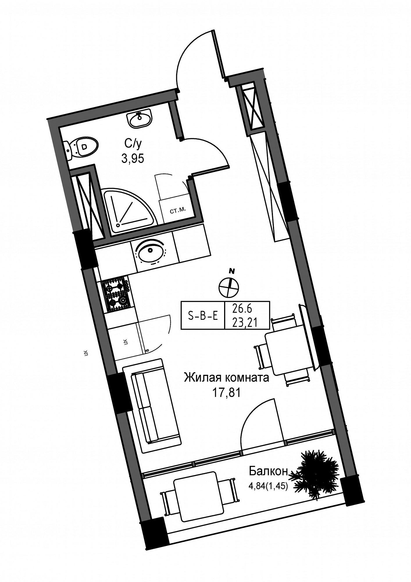 Планировка Smart-квартира площей 23.21м2, UM-004-04/0009.