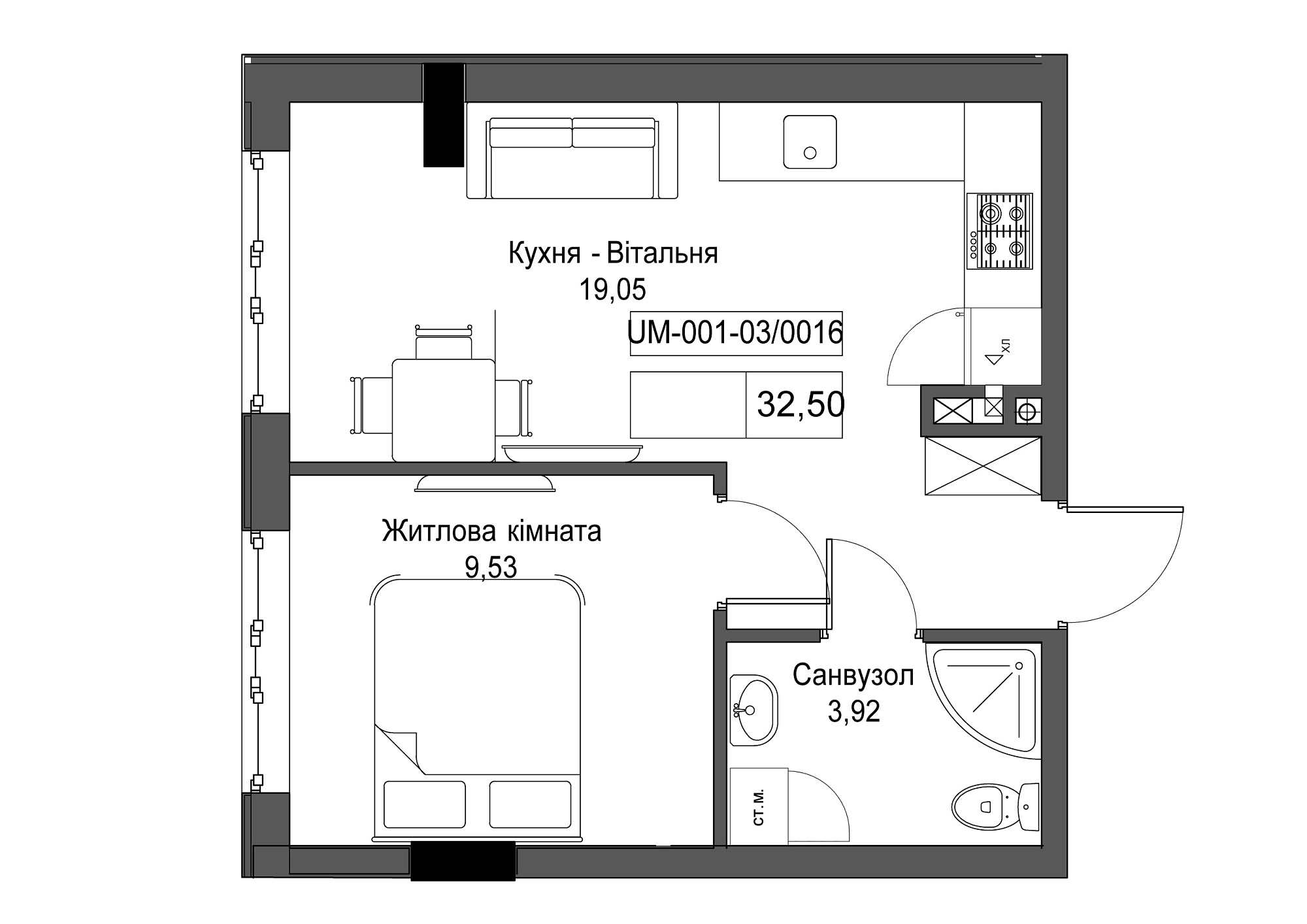 Планировка 1-к квартира площей 32.5м2, UM-001-03/0016.