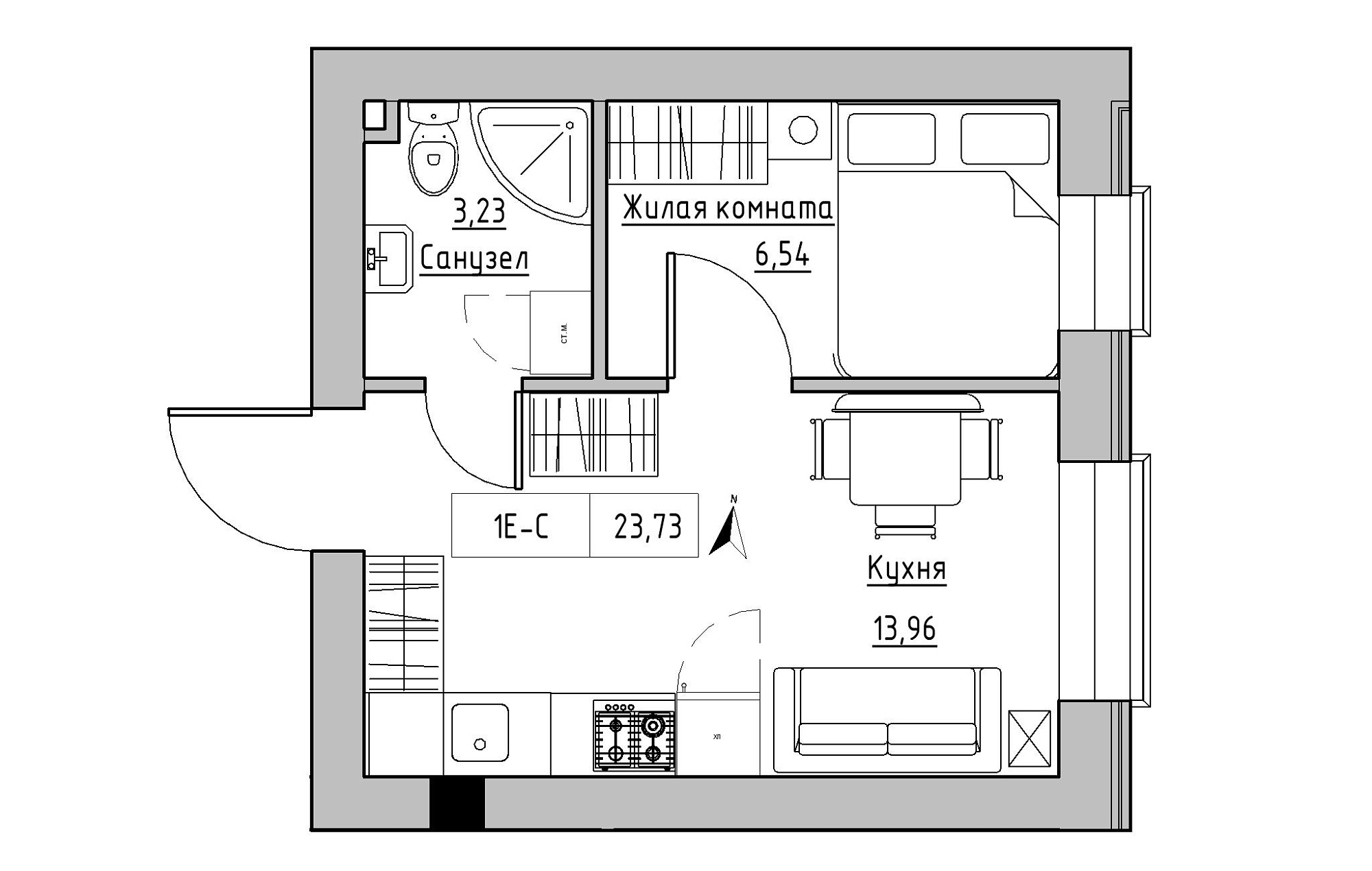 Planning 1-rm flats area 23.73m2, KS-019-01/0007.