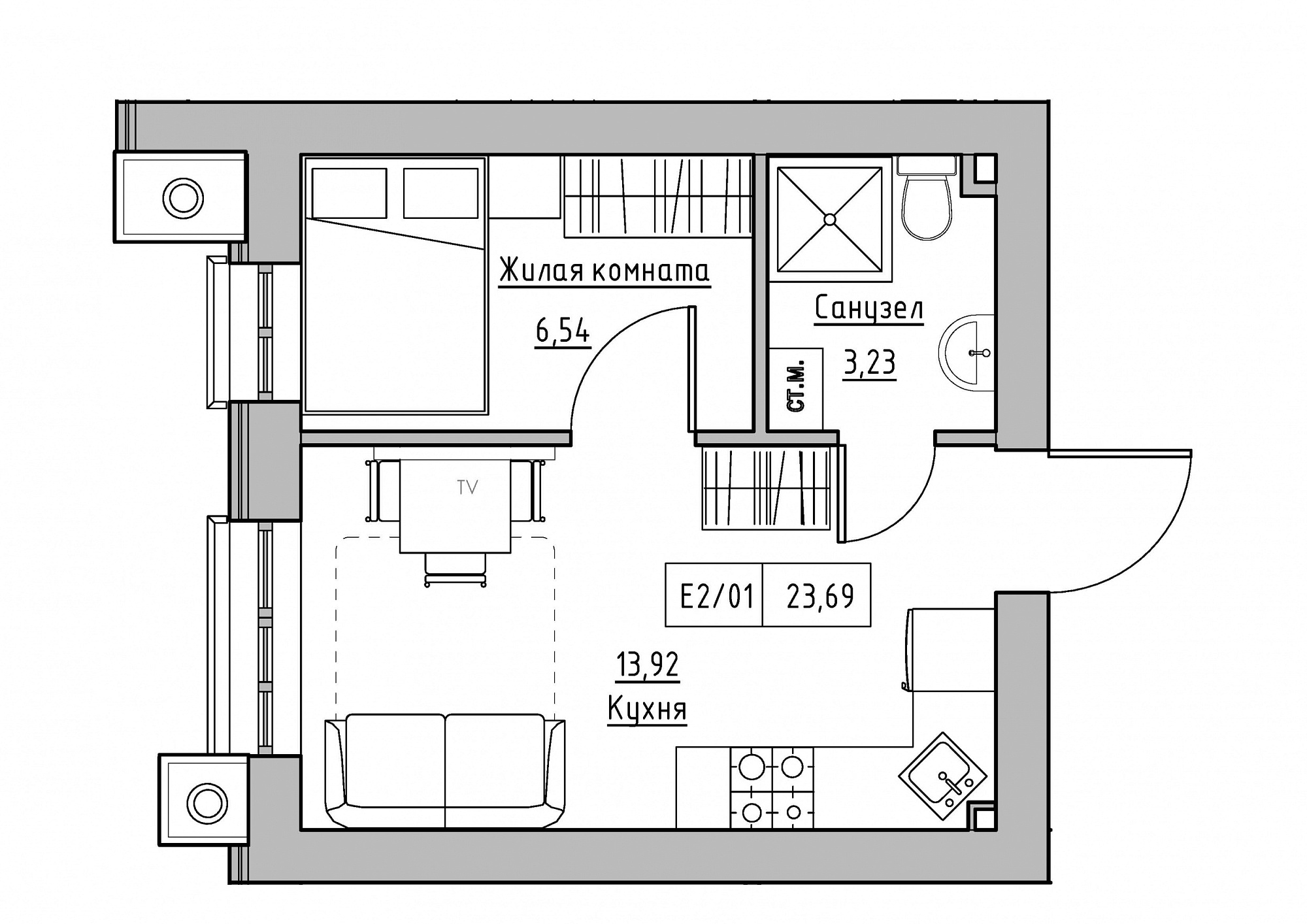 Planning 1-rm flats area 23.69m2, KS-012-01/0009.
