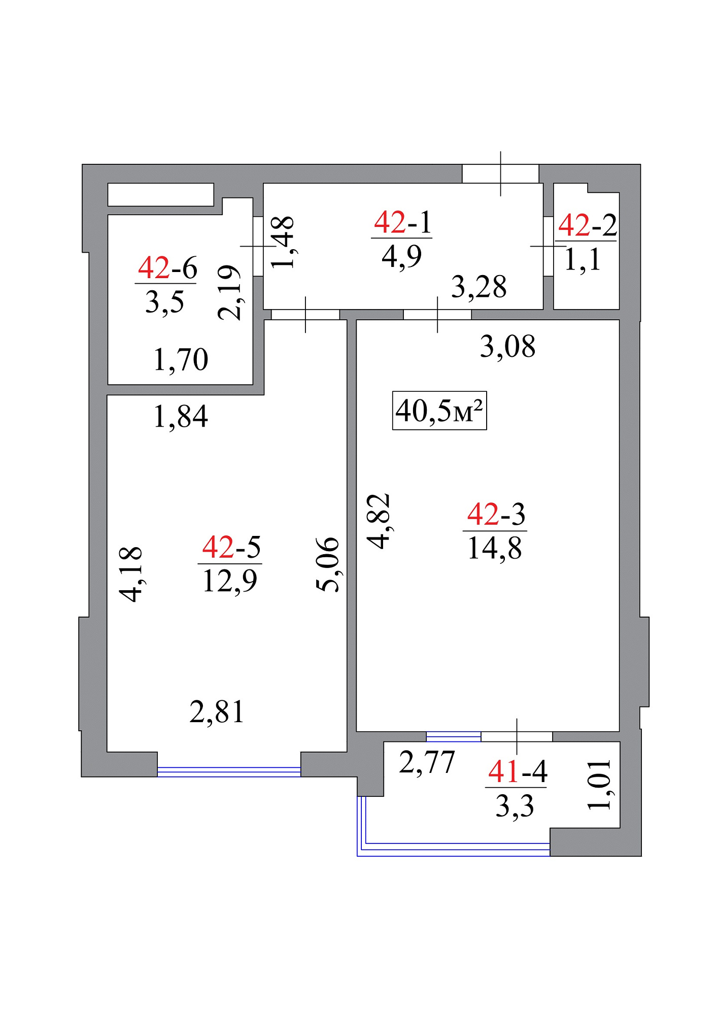 Планування 1-к квартира площею 40.5м2, AB-07-05/00038.