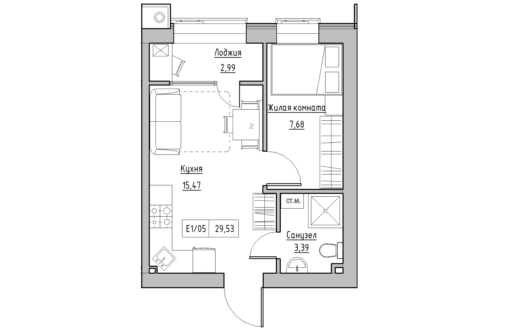 Планировка 1-к квартира площей 29.53м2, KS-013-03/0008.