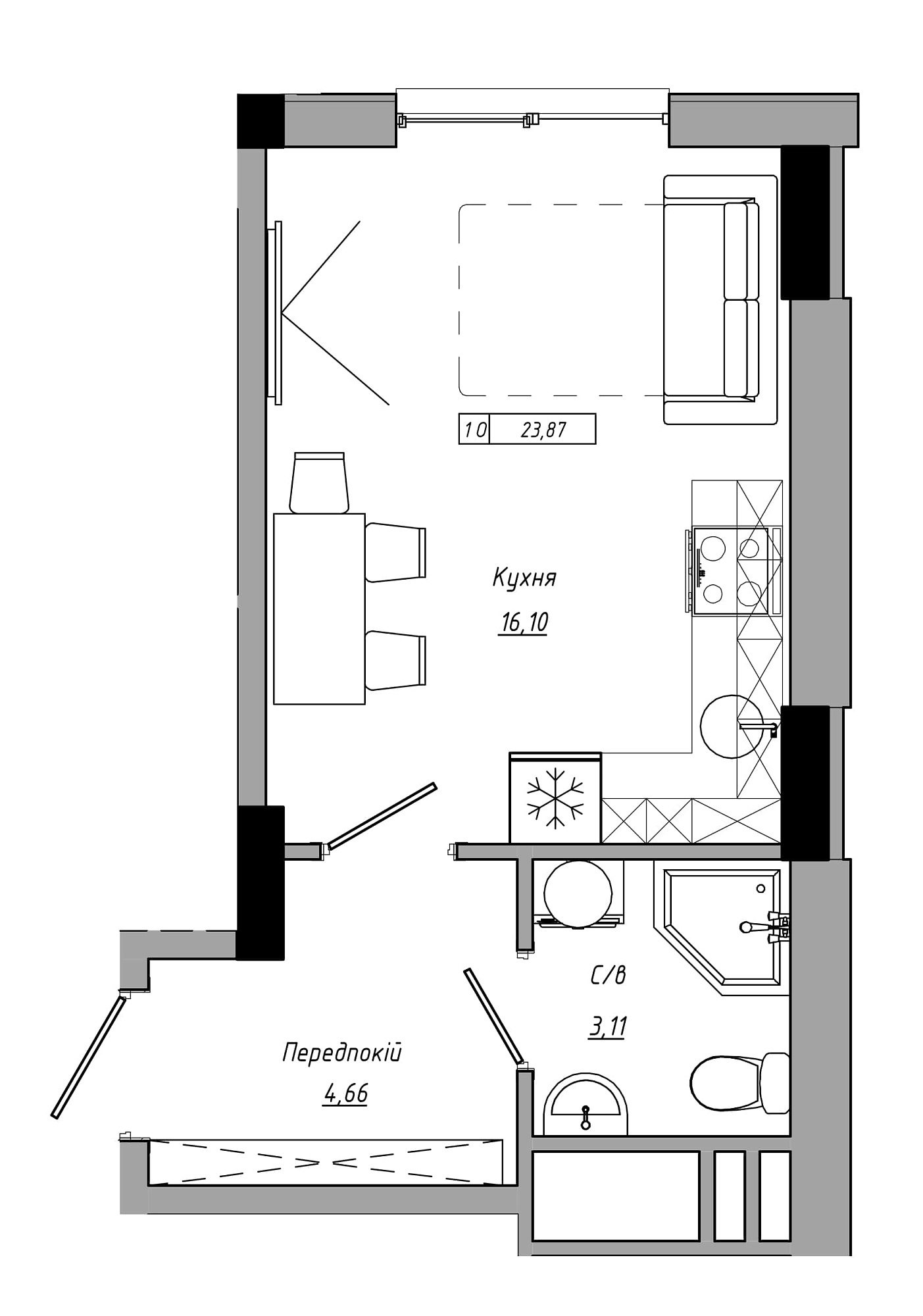 Планування Smart-квартира площею 23.87м2, AB-21-05/00017.