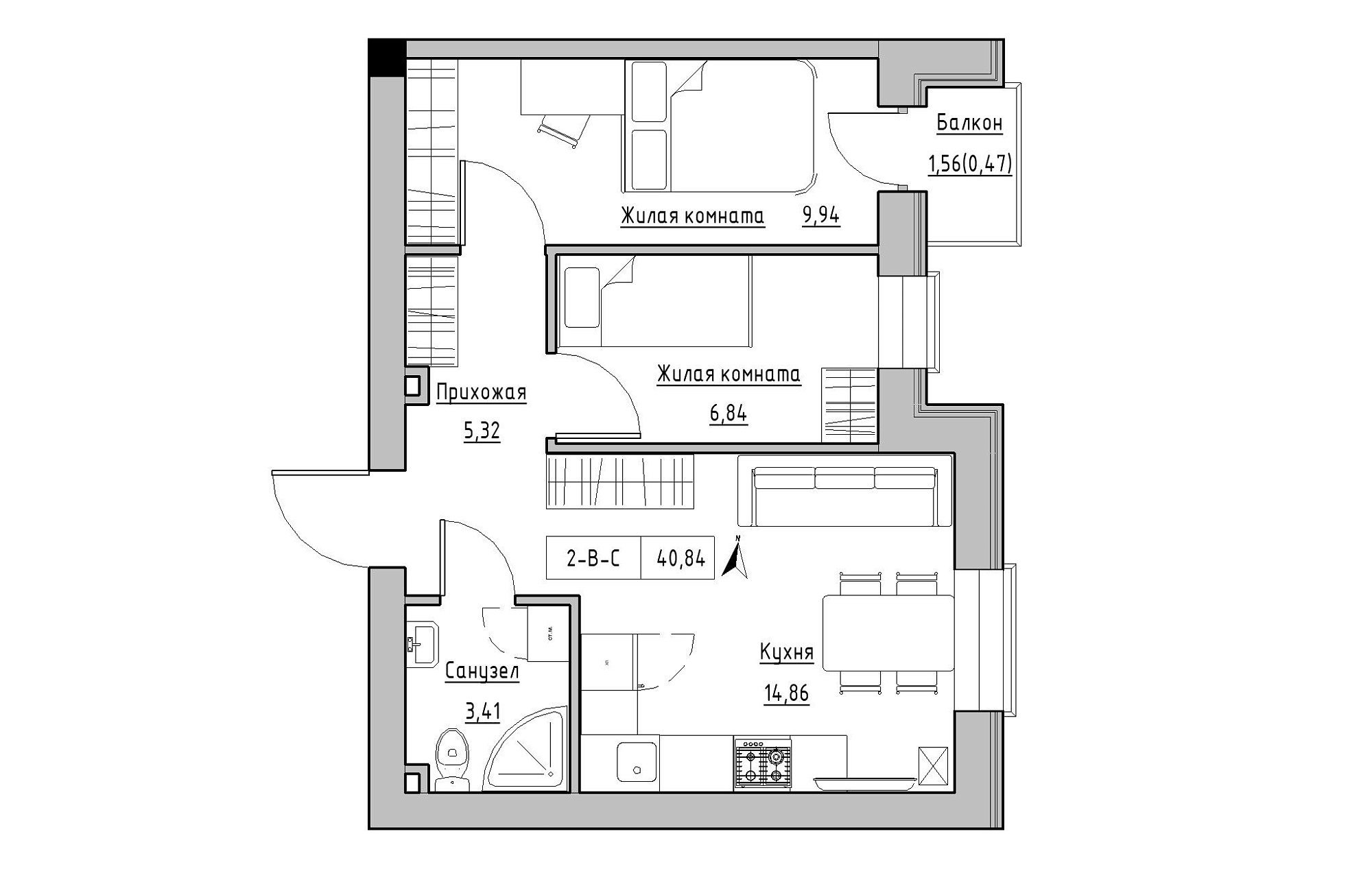 Планировка 2-к квартира площей 40.84м2, KS-019-02/0006.