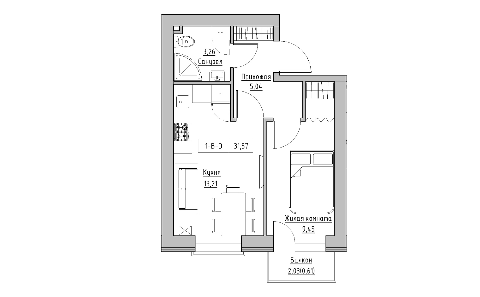 Планировка 1-к квартира площей 31.57м2, KS-022-05/0003.