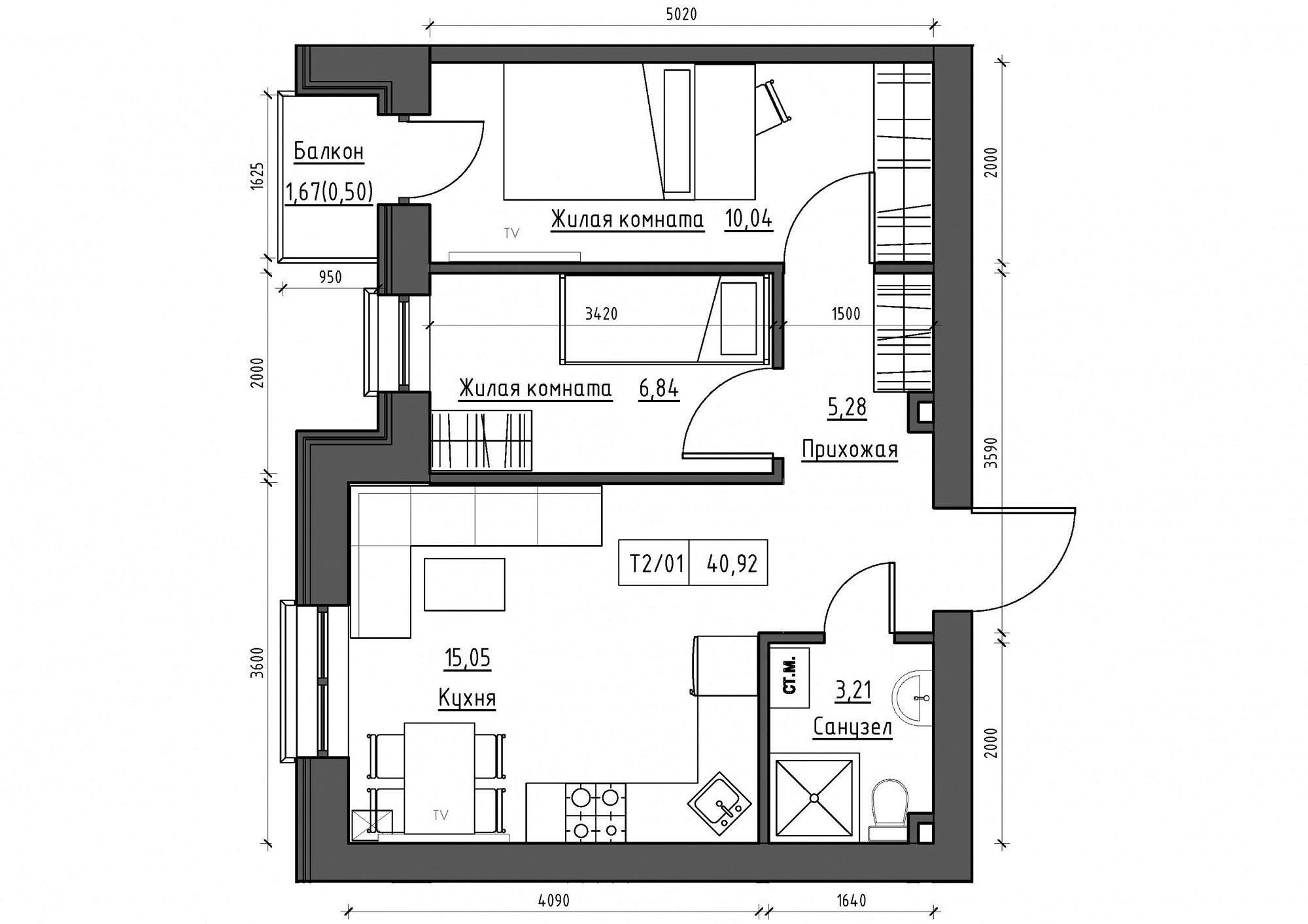 Планування 2-к квартира площею 40.92м2, KS-012-03/0010.