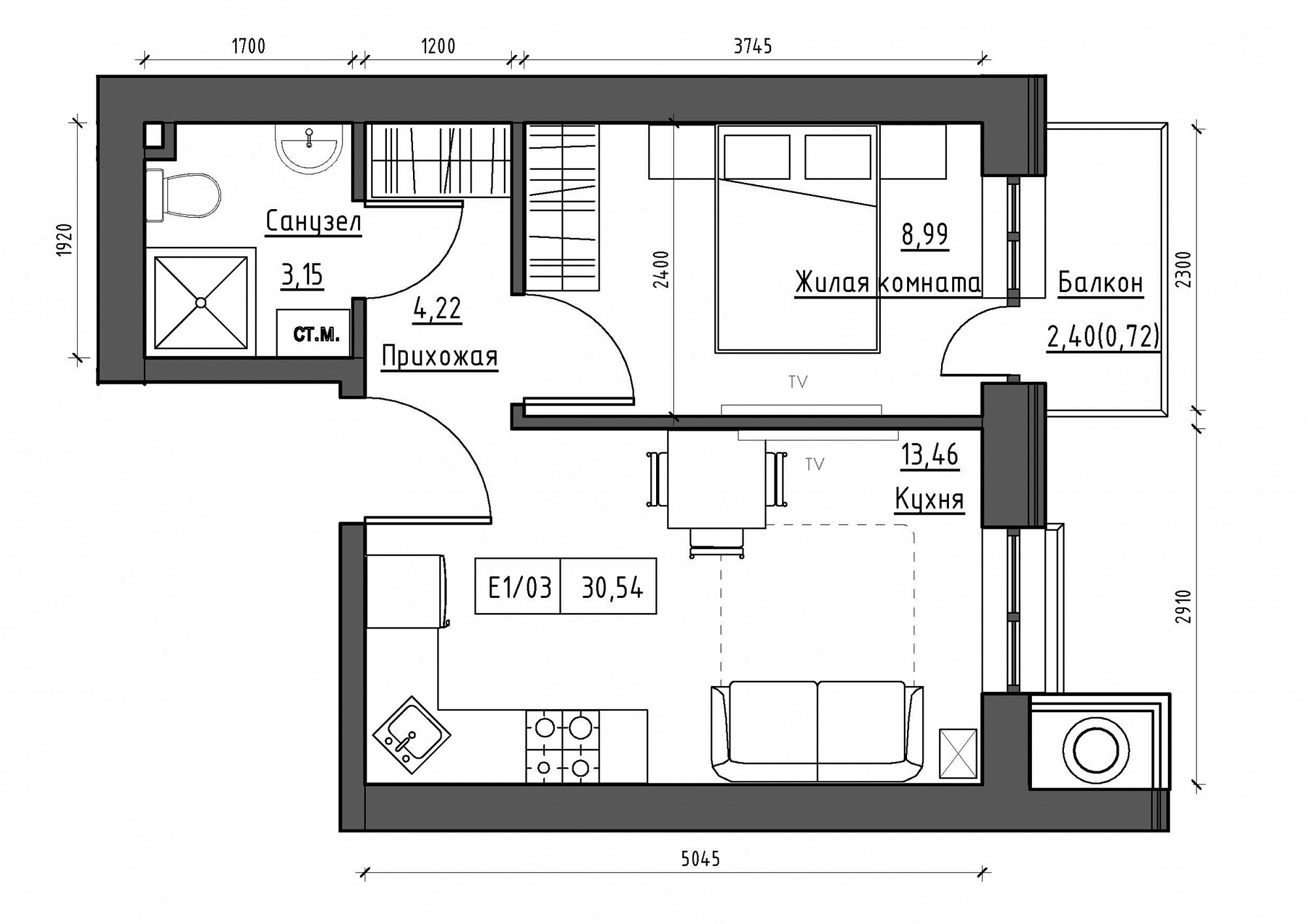 Планировка 1-к квартира площей 30.58м2, KS-012-02/0013.