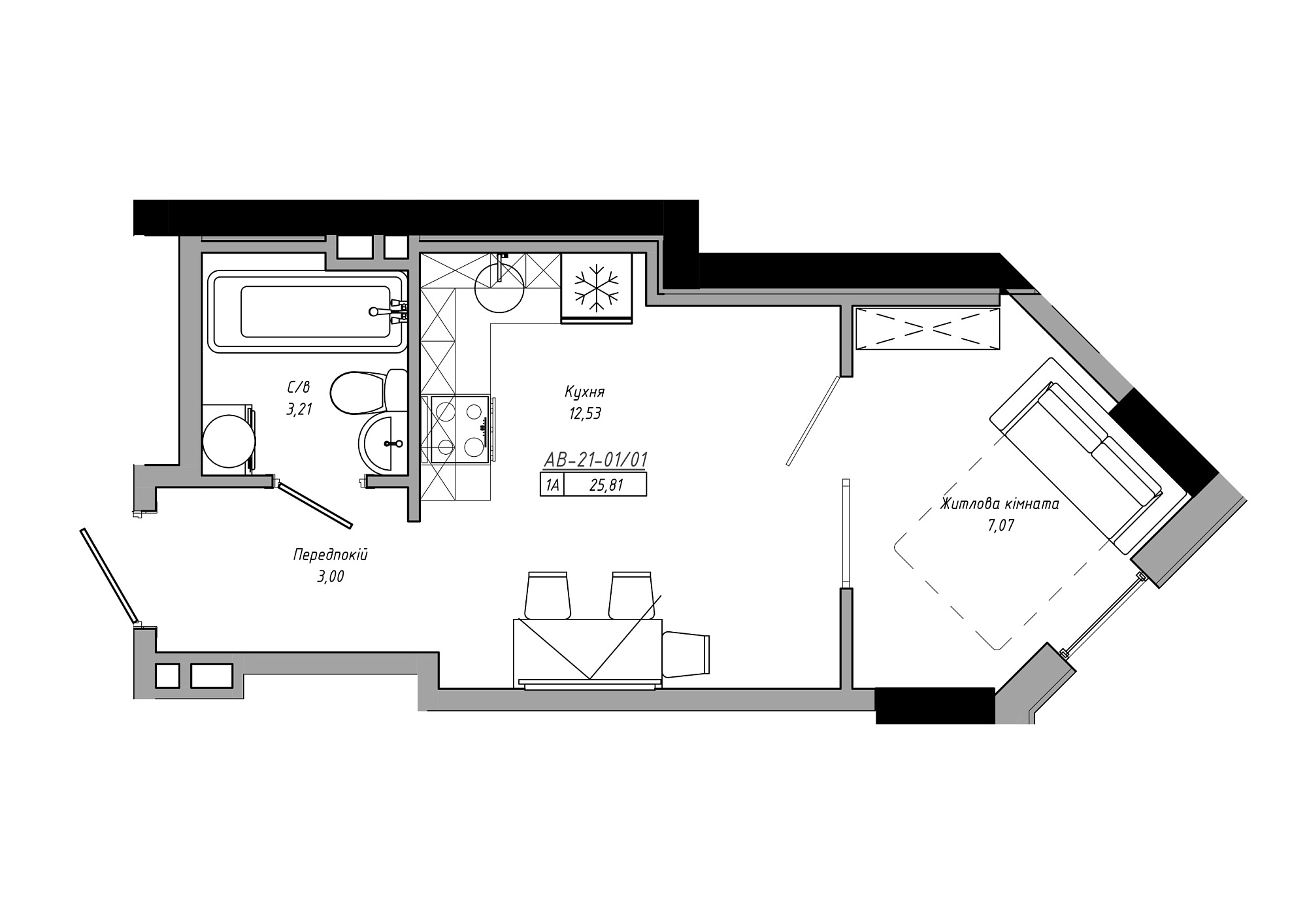 Планування 1-к квартира площею 25.81м2, AB-21-01/00001.