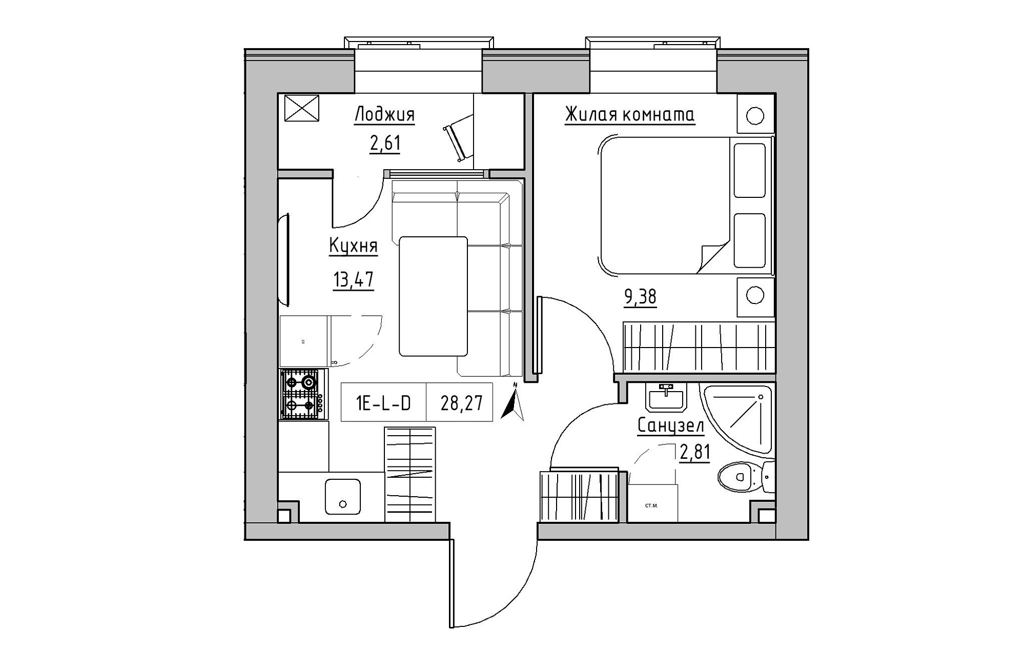 Планировка 1-к квартира площей 28.27м2, KS-019-02/0015.