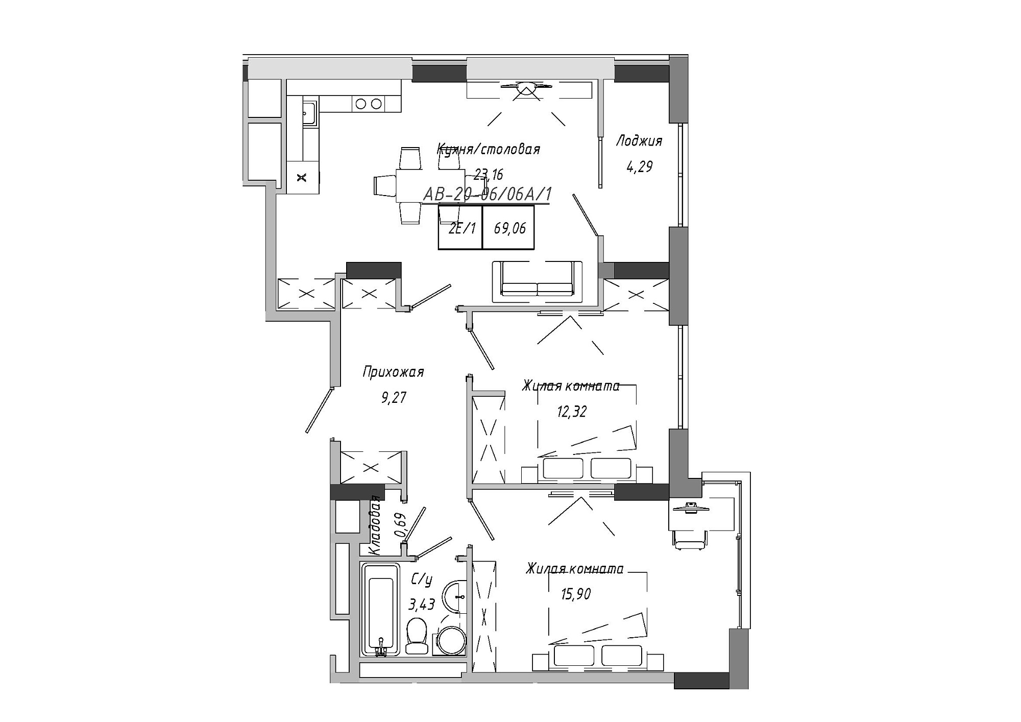 Планировка 2-к квартира площей 42.85м2, AB-20-06/0006а.