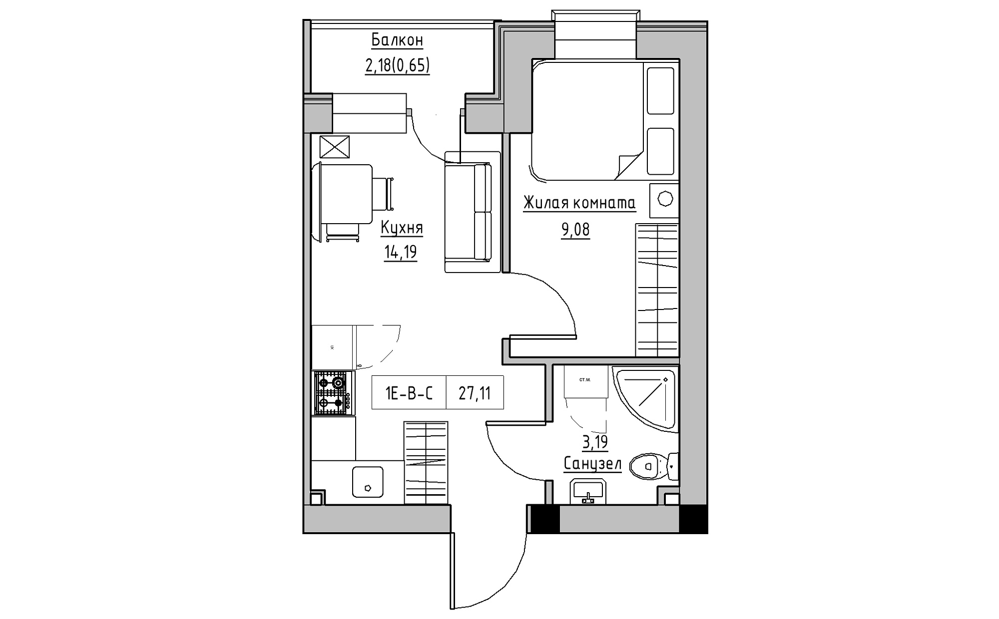 Планировка 1-к квартира площей 27.11м2, KS-022-05/0008.