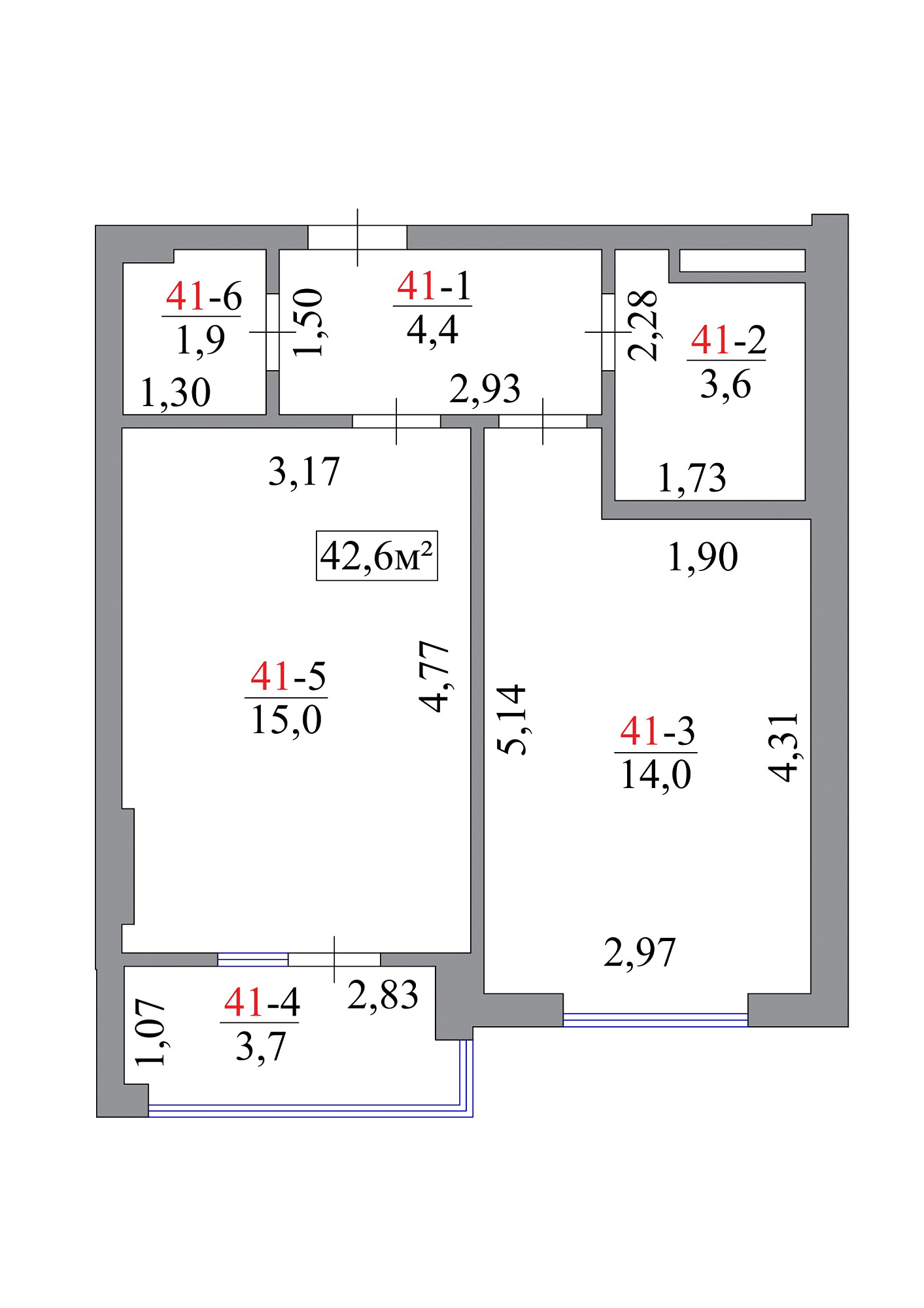 Планировка 1-к квартира площей 42.6м2, AB-07-05/00037.