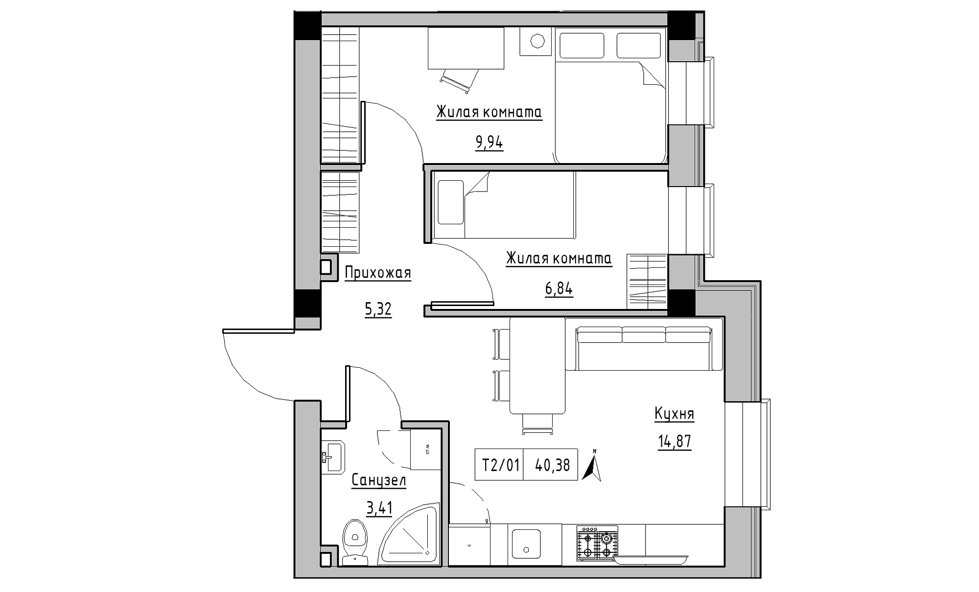Планування 2-к квартира площею 40.38м2, KS-015-01/0006.