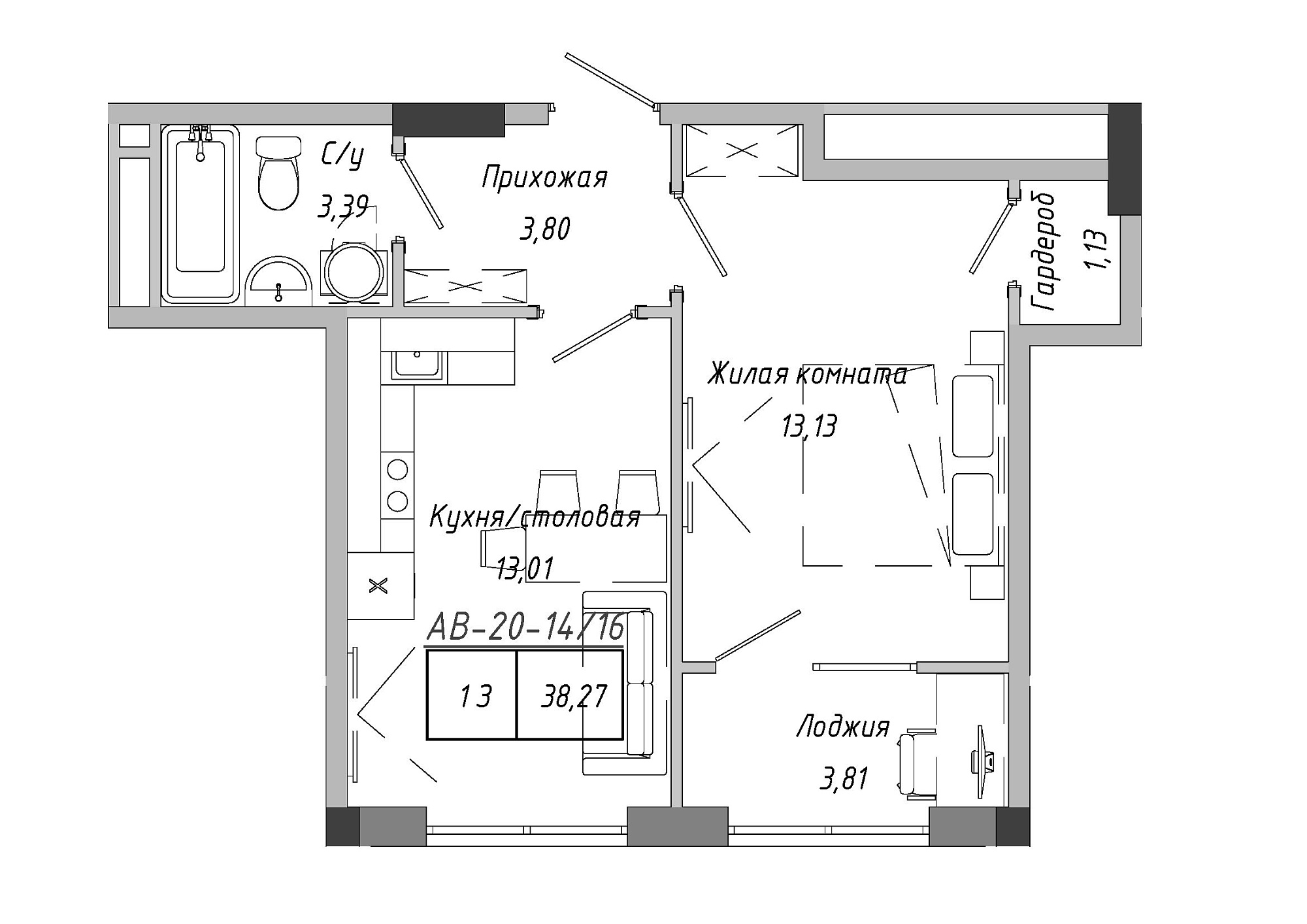 Планировка 1-к квартира площей 38.27м2, AB-20-14/00116.
