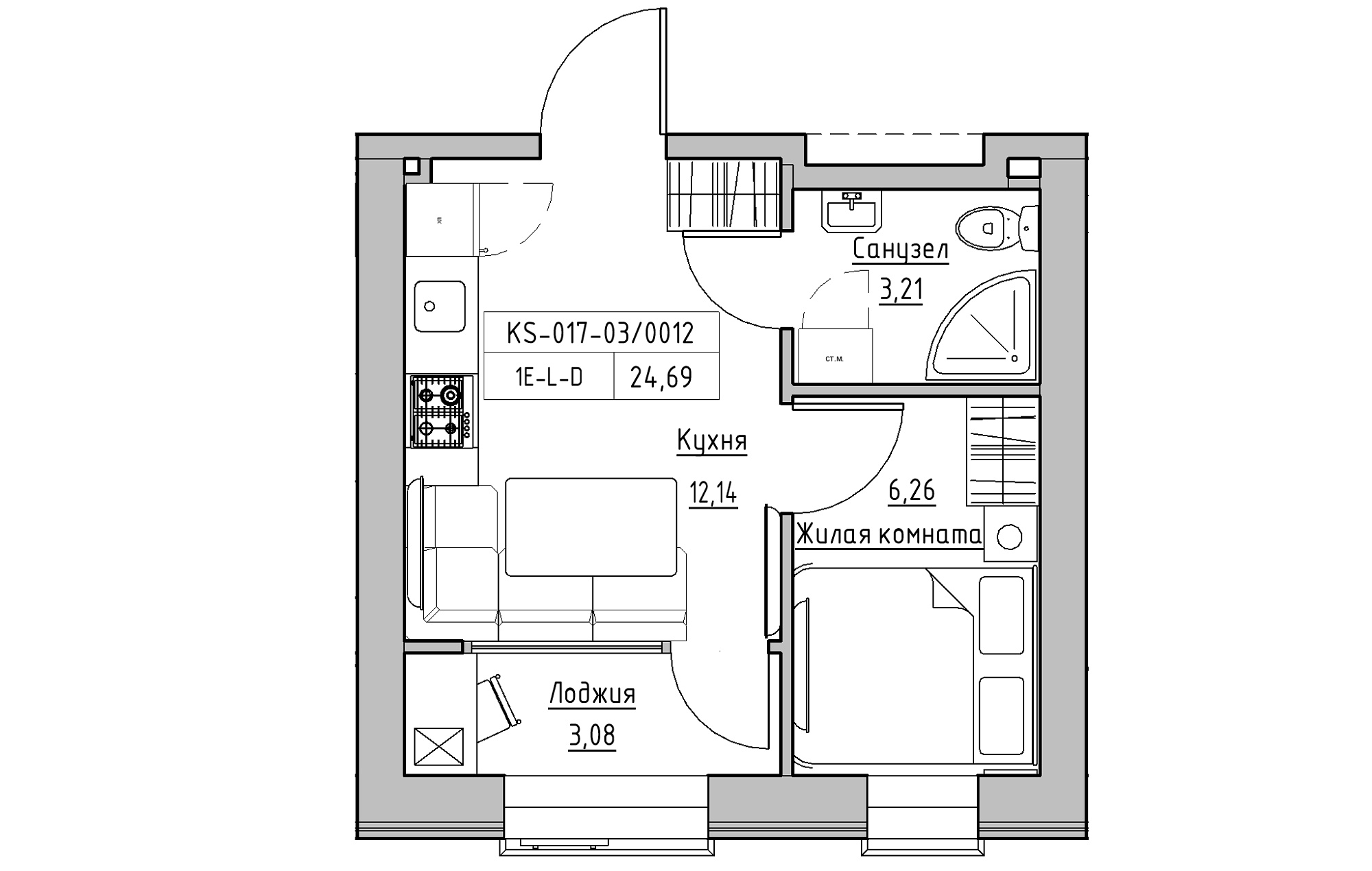 Planning 1-rm flats area 24.69m2, KS-017-03/0012.