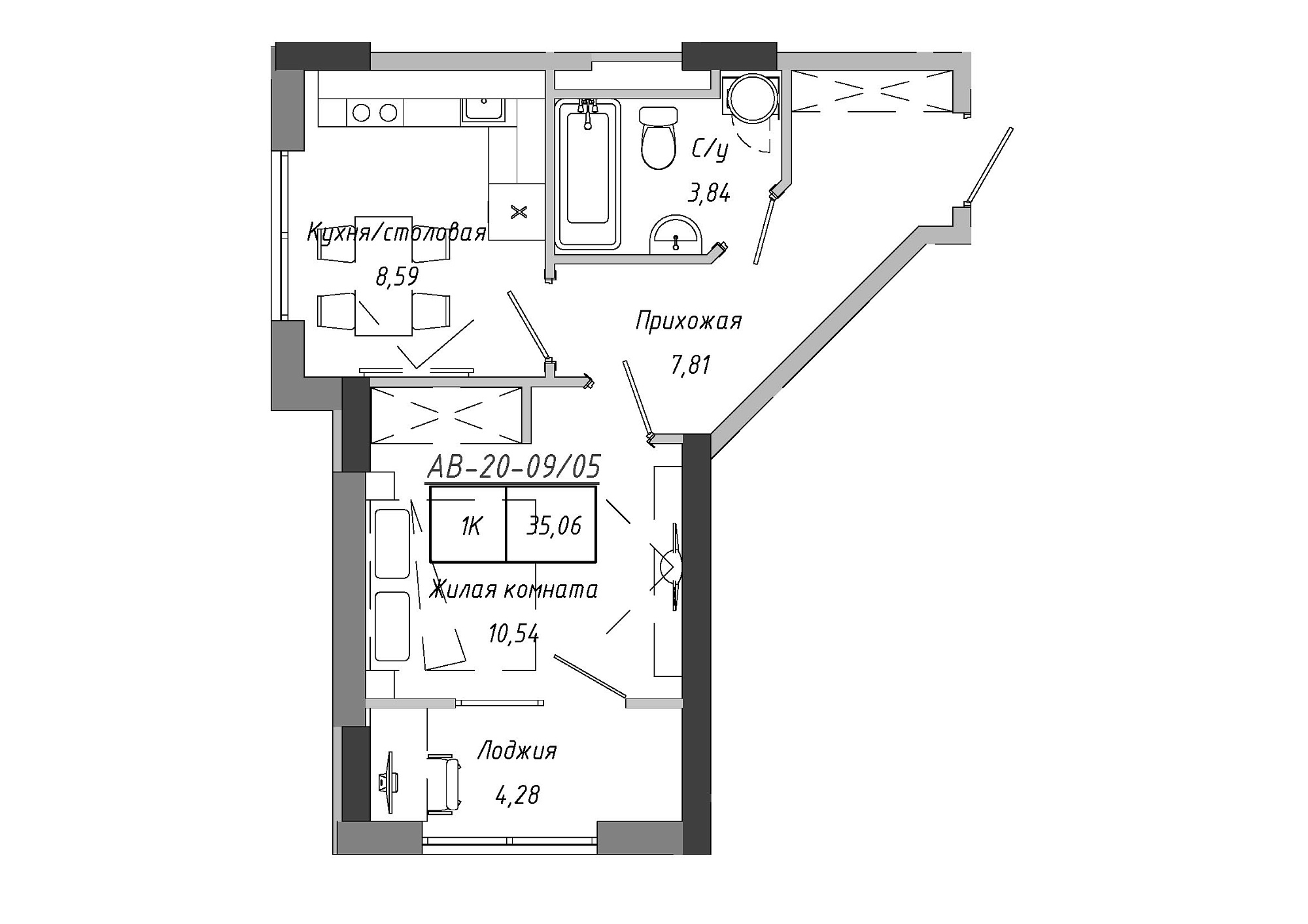 Планировка 1-к квартира площей 33.55м2, AB-20-09/00005.