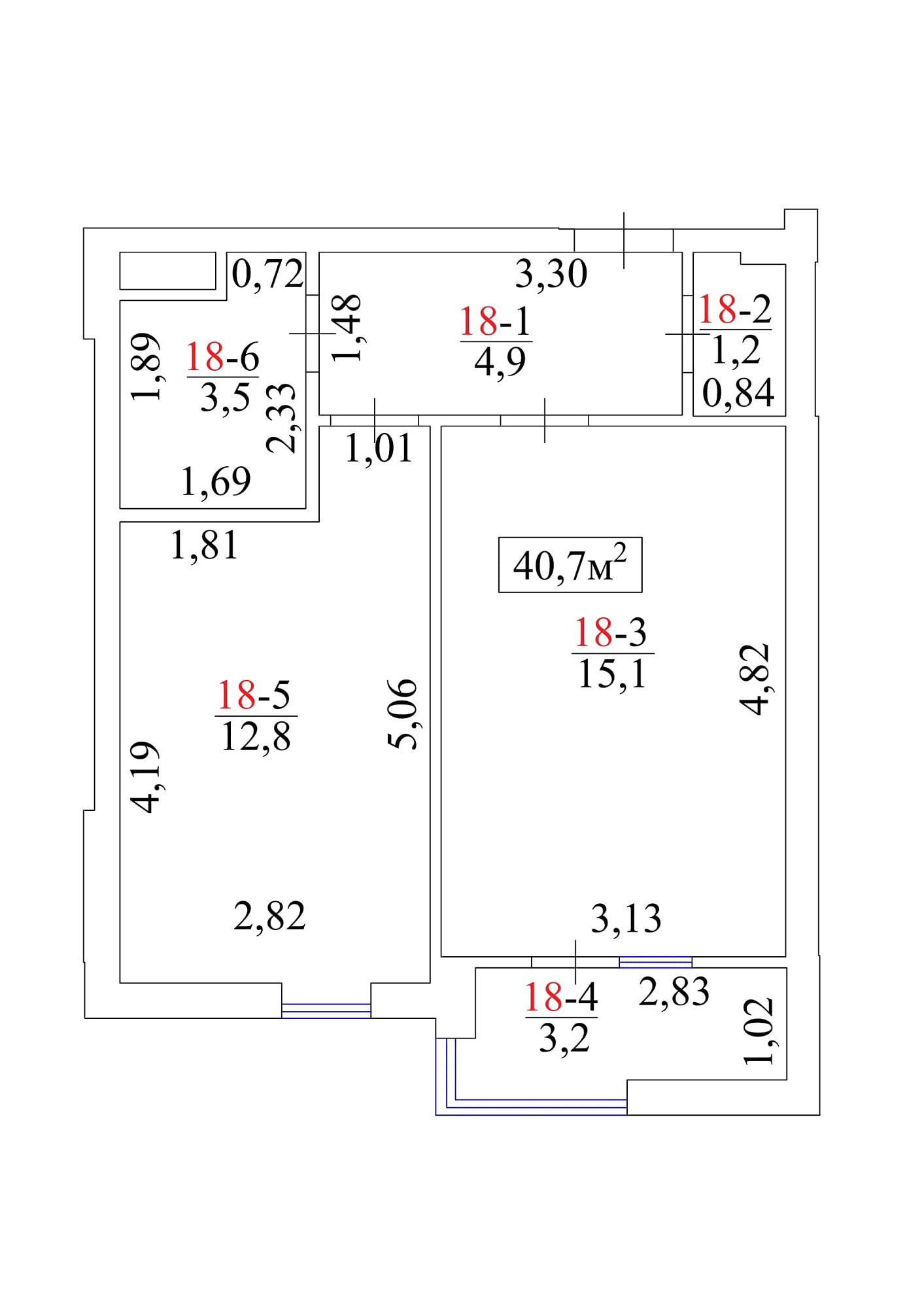 Планировка 1-к квартира площей 40.7м2, AB-01-03/00019.