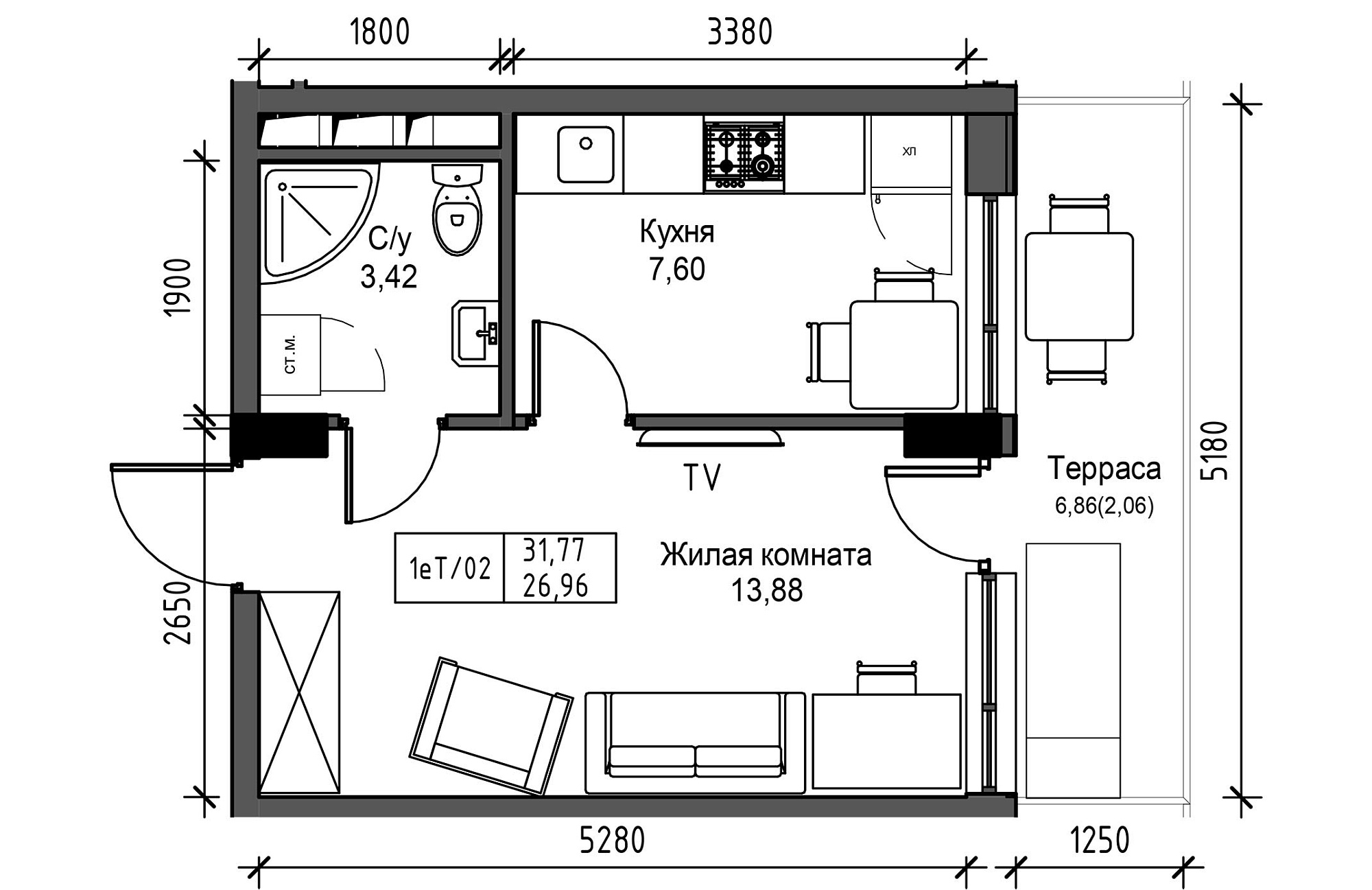 Планировка 1-к квартира площей 26.96м2, UM-003-11/0113.