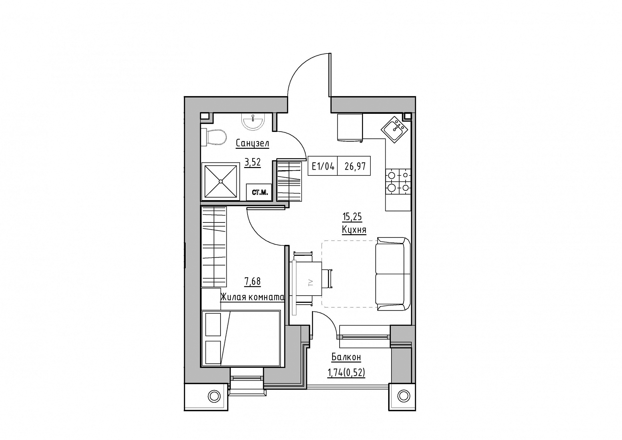 Планировка 1-к квартира площей 26.97м2, KS-012-05/0008.