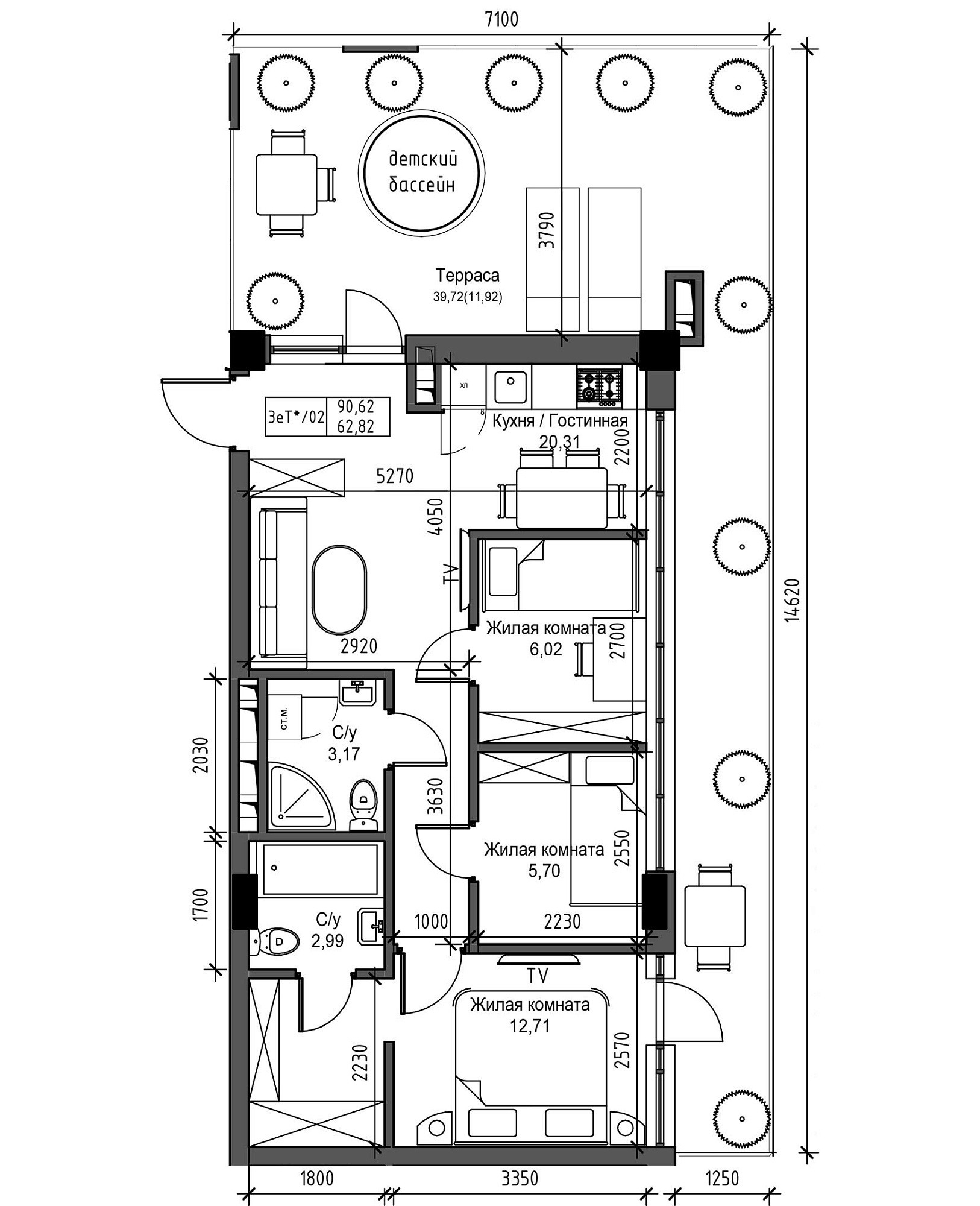 Планування 3-к квартира площею 62.82м2, UM-003-10/0101.
