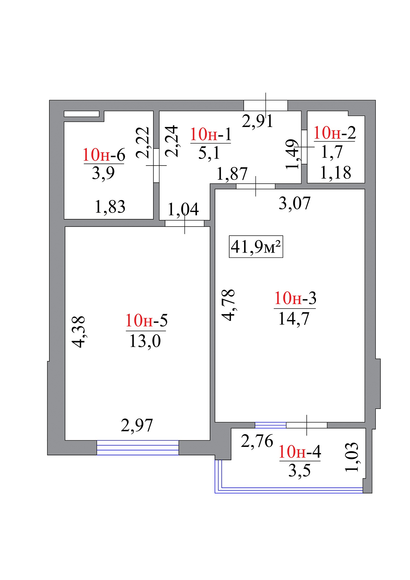 Планировка 1-к квартира площей 41.9м2, AB-07-01/00009.