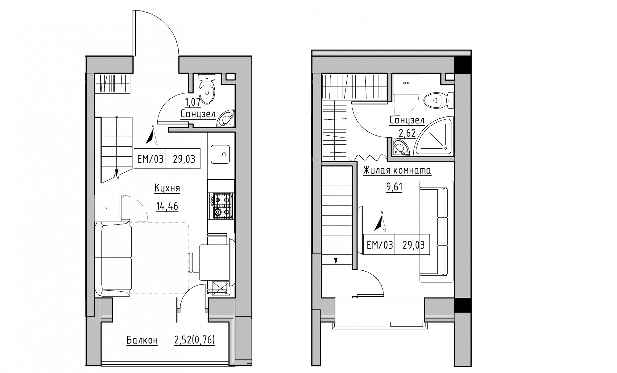 Planning 2-lvl flats area 29.03m2, KS-015-05/0013.
