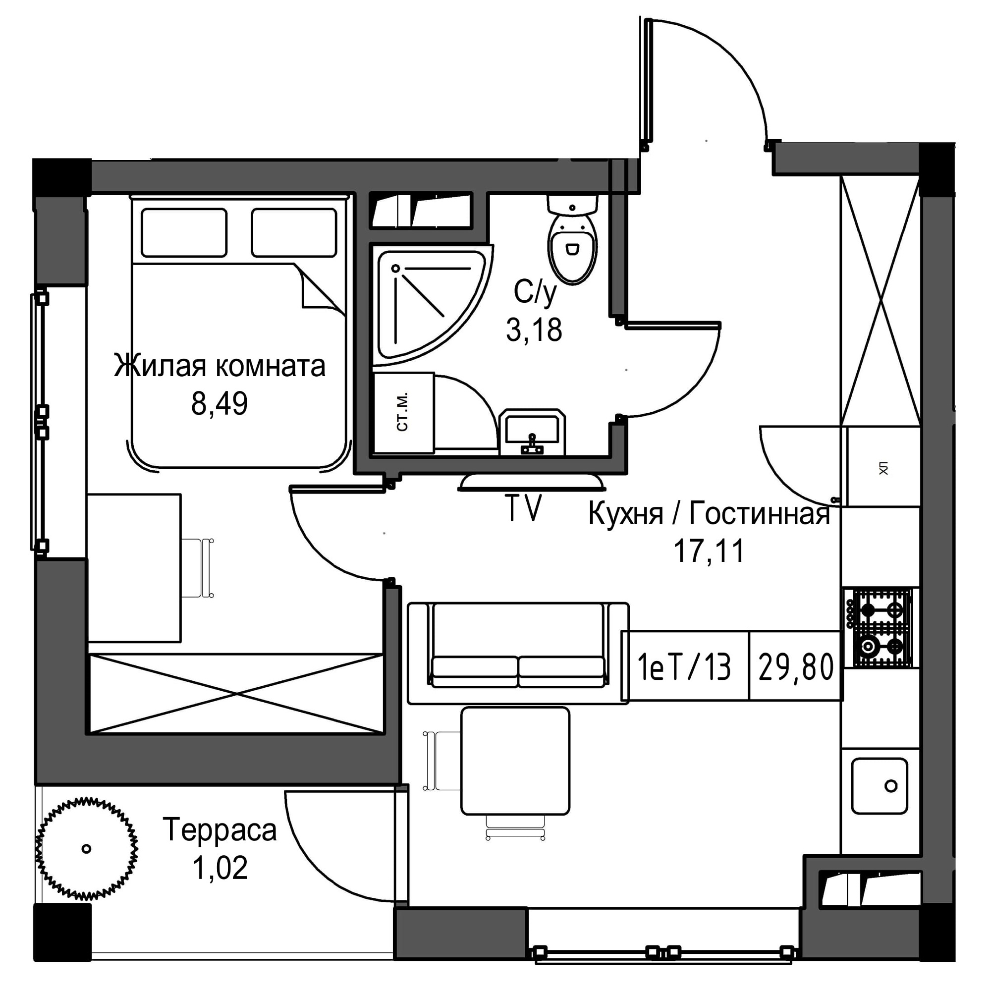 Планировка 1-к квартира площей 29.8м2, UM-002-09/0086.