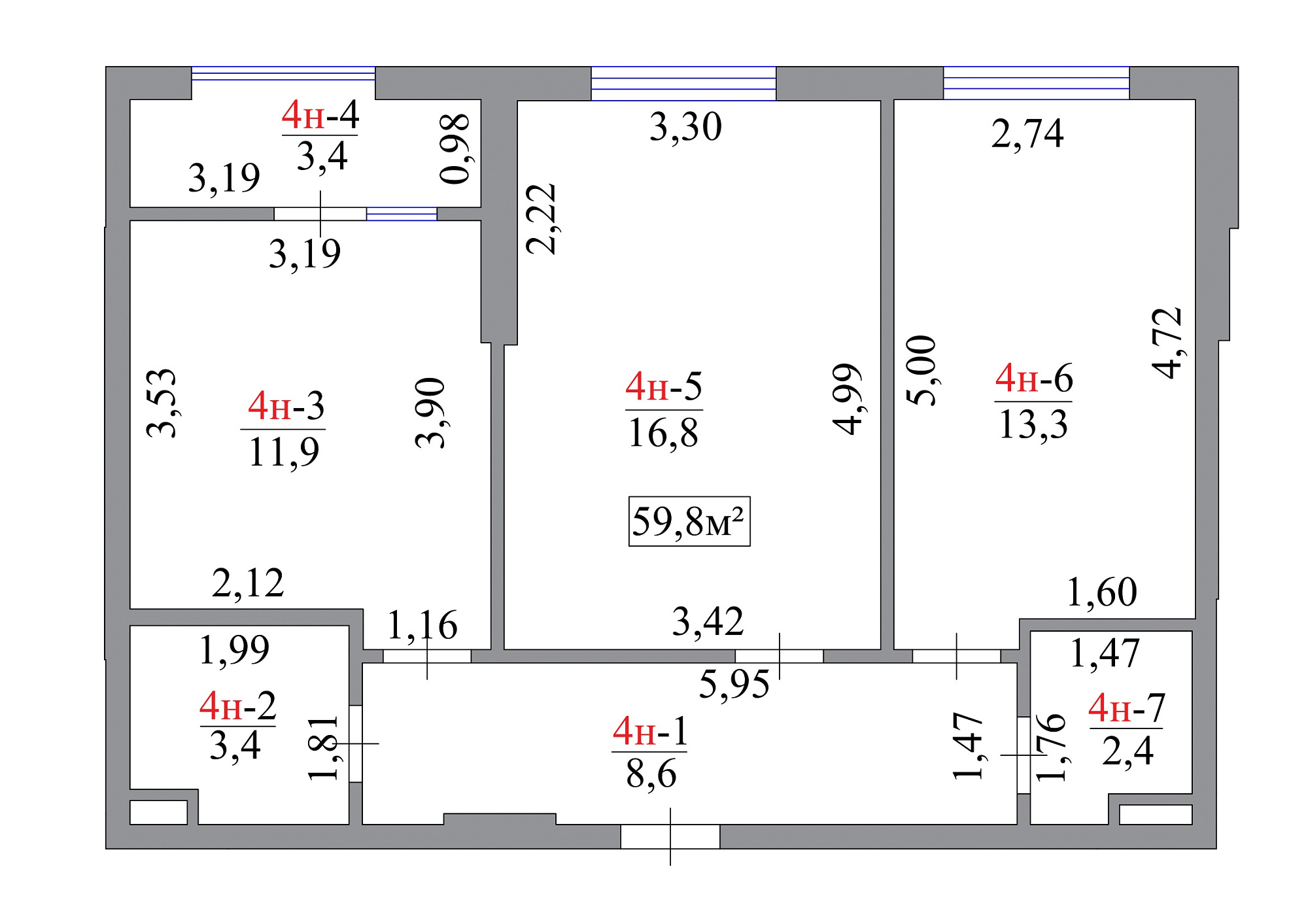 Планировка 2-к квартира площей 59.8м2, AB-07-01/00004.