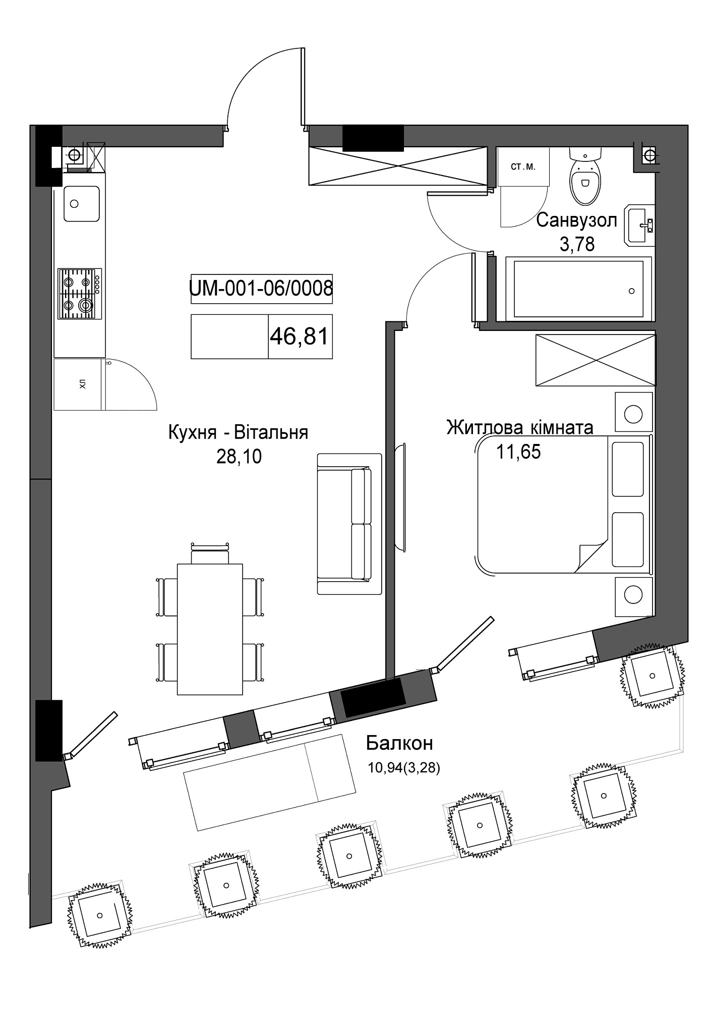 Планировка 1-к квартира площей 46.81м2, UM-001-06/0008.