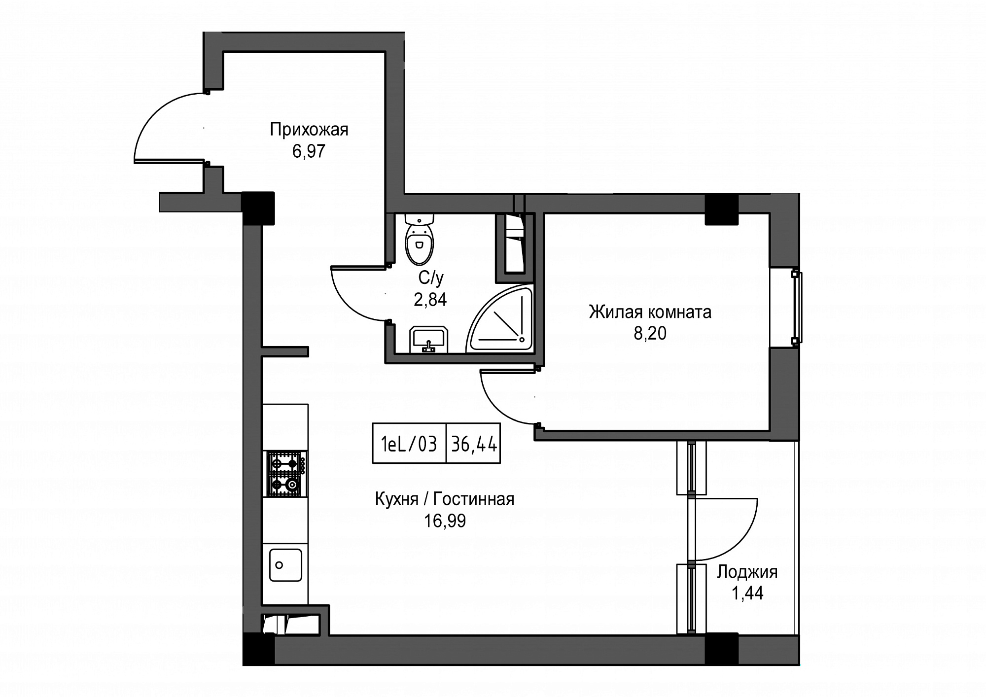 Планування 1-к квартира площею 36.44м2, UM-002-03/0004.